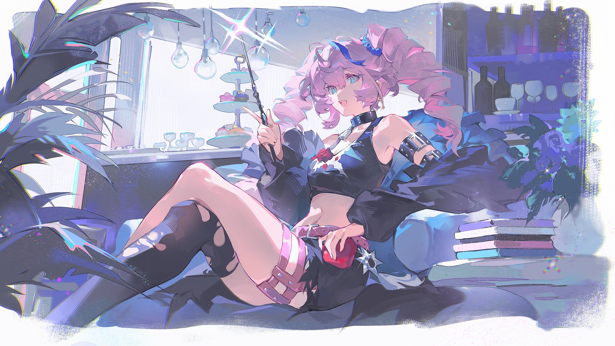 the image features a pinkhaired anime girl, likely a magical girl, relaxing indoors. she is seated comfortably with her legs extended and holds a wand in her right hand. she is dressed in a punkinspired outfit with ripped stockings, thigh highs, a choker, and a crop top. behind her is a window, bookshelf filled with books, and a table set for afternoon tea. the overall atmosphere is relaxed and whimsical, bathed in soft, natural light.