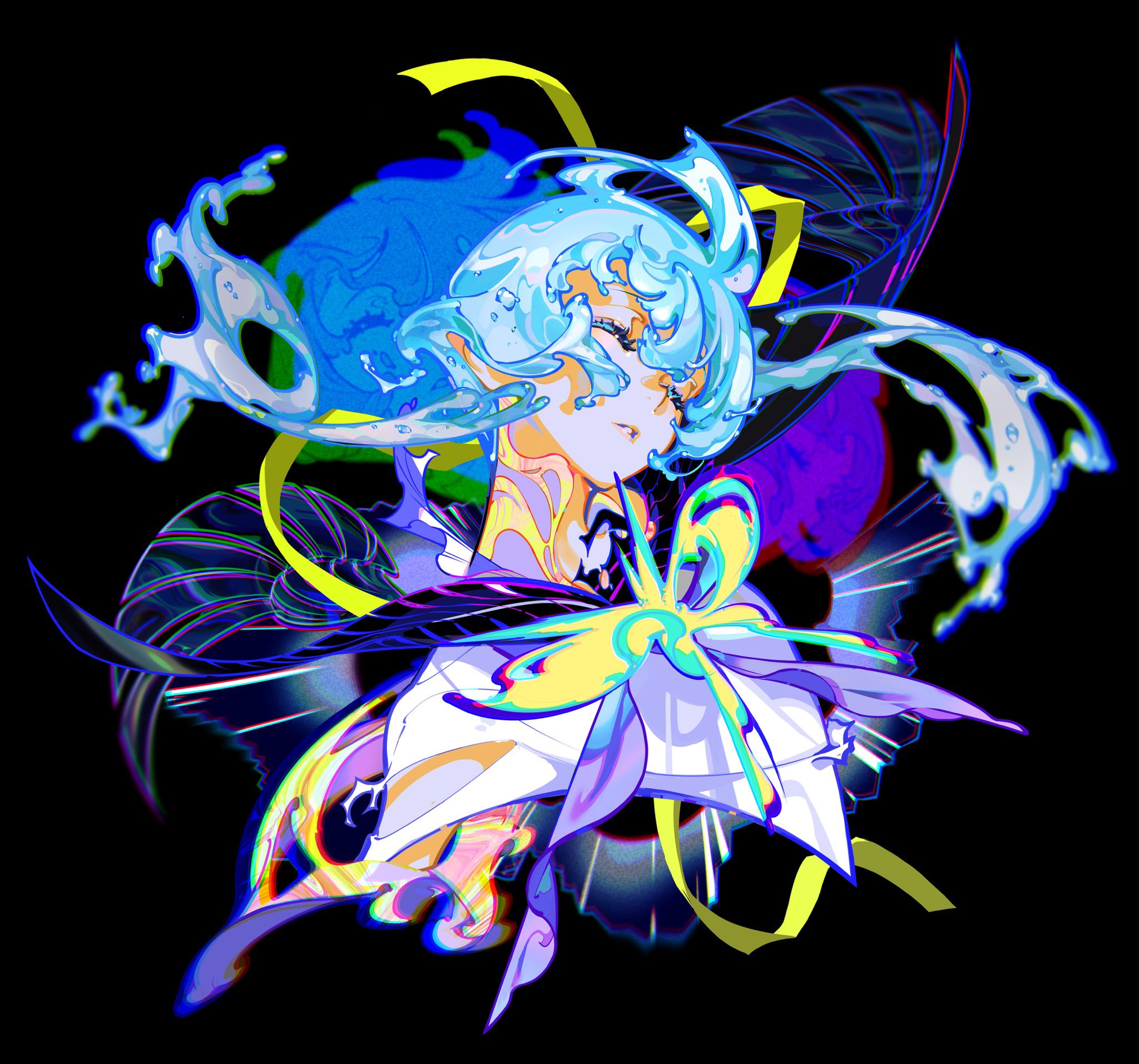 a digital illustration of an anime girl with blue hair that is swirling and flowing like water. she is wearing a purple and yellow dress and has a flowershaped bow on her shoulder. the background is dark and abstract with swirls of color. the image is bright and colorful and has a dreamlike quality.