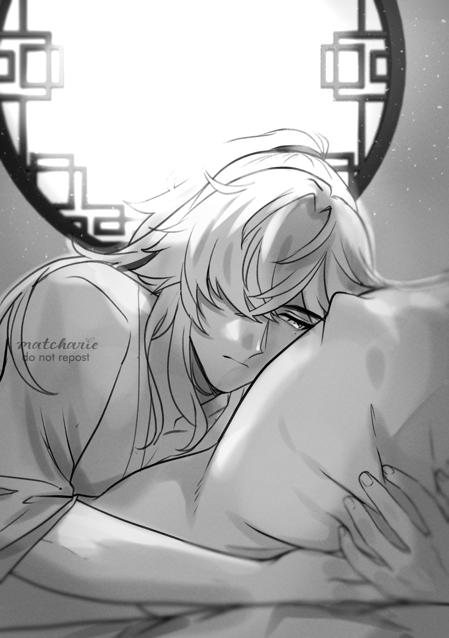 the image is a black and white illustration of two anime characters. the one in the foreground is a young man with long white hair, lying in bed with his head resting on a pillow. his eyes are closed and his expression is sad. he is crying. he is being comforted by another person, who is holding him close. they are both wearing clothes, and they are in a bedroom. the background is blurred and only the outline of a window with a lattice pattern can be seen. the image is drawn in a soft, delicate style, with a sense of tenderness and love.