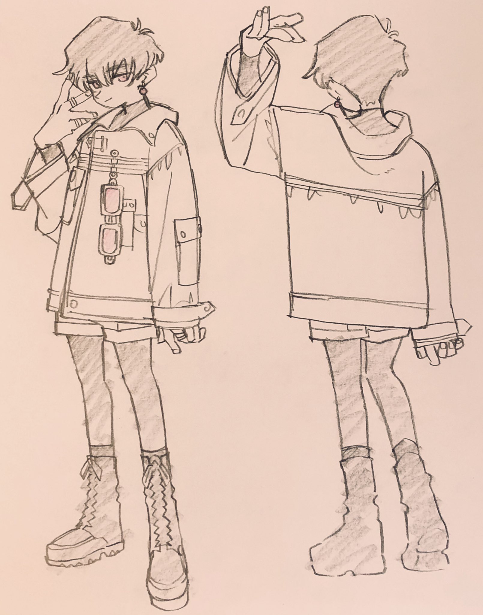 a fashion sketch depicting a person  in a stylized outfit. the character, seemingly inspired by anime and manga styles, is wearing an oversized jacket with various details like extra pockets, straps, and decorative elements. the figure also sports chunky boots and is positioned in a way to showcase both the front and back of the outfit. the sketch is done in pencil on white paper with subtle pink highlights.