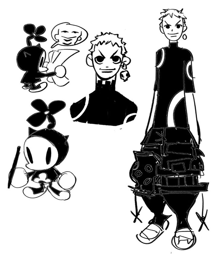 this black and white cartoon illustration features three characters, two of them are seemingly animeinspired with one wearing a large black outfit and the other wearing a colorful outfit, with the third being a seemingly fictional cartoon character that looks like a cartoon animal. the characters are all drawn in a stylized fashion, with thick lines and exaggerated features. the illustration has a fun and playful vibe.