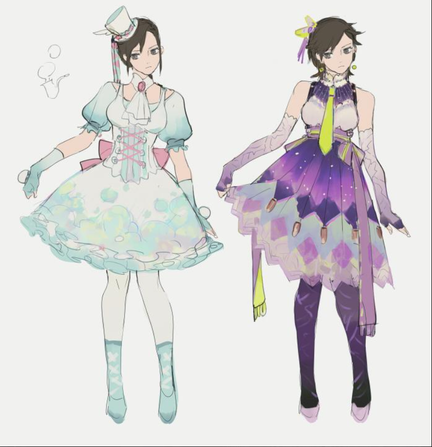 the image shows two female characters drawn in an anime style, likely concept art for costumes or character designs. one character wears a frilly blue and white dress with a teapot motif, suggesting a sweet and innocent theme. the other wears a purple and blue dress with a celestial theme, hinting at a more mature and mysterious persona. both outfits are detailed and elaborate, featuring intricate designs and accessories.
