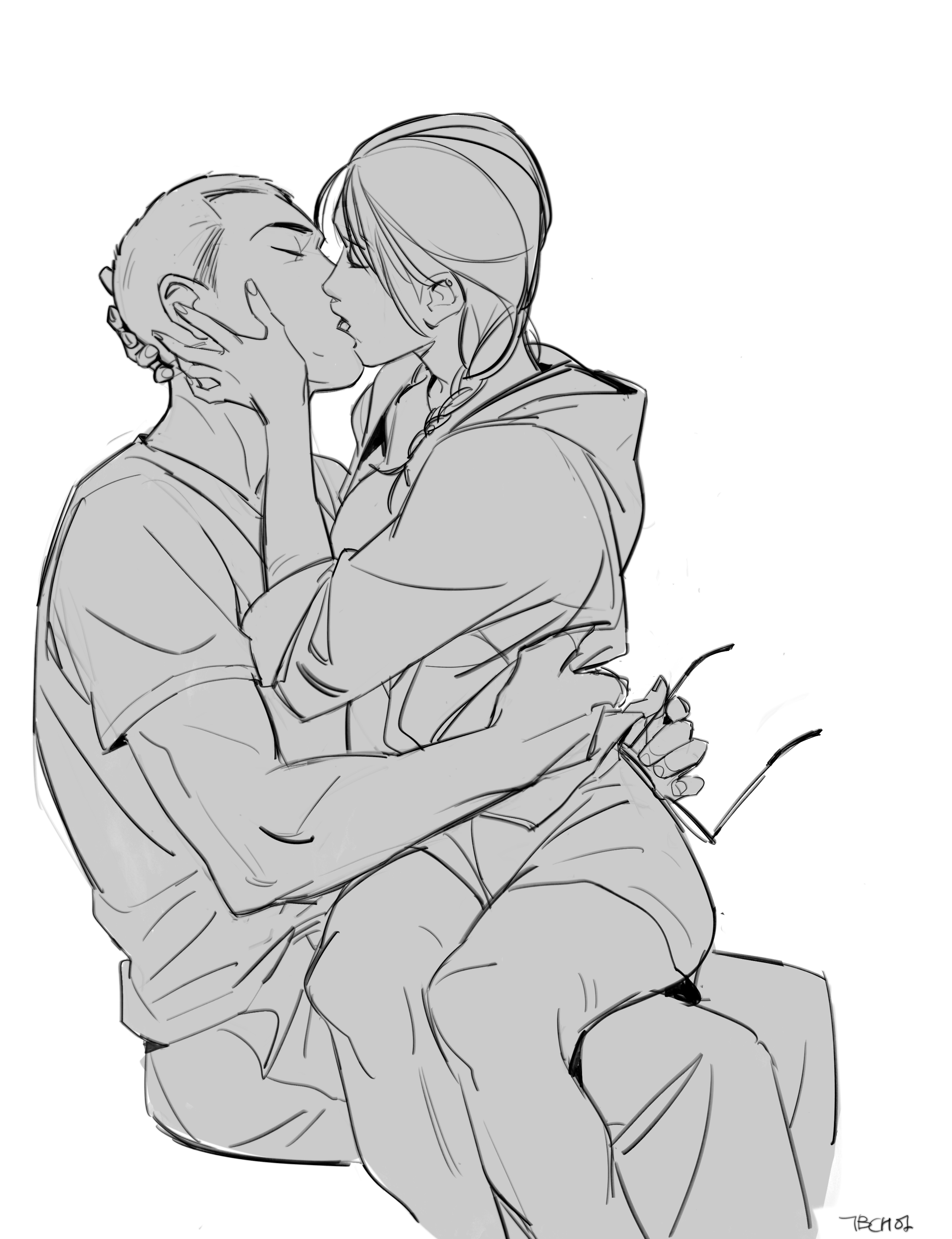a grayscale drawing depicts a man and a woman passionately kissing. the man is bald and has a strong build, while the woman has shoulderlength hair pulled back. they're embracing tightly, their bodies intertwined. the style is loose and sketchy, with visible brush strokes. the woman is sitting on the man's lap. part of a pair of glasses is visible near the woman's hand. the overall mood is romantic and intimate. the artist's signature is subtly placed in the bottom right corner.