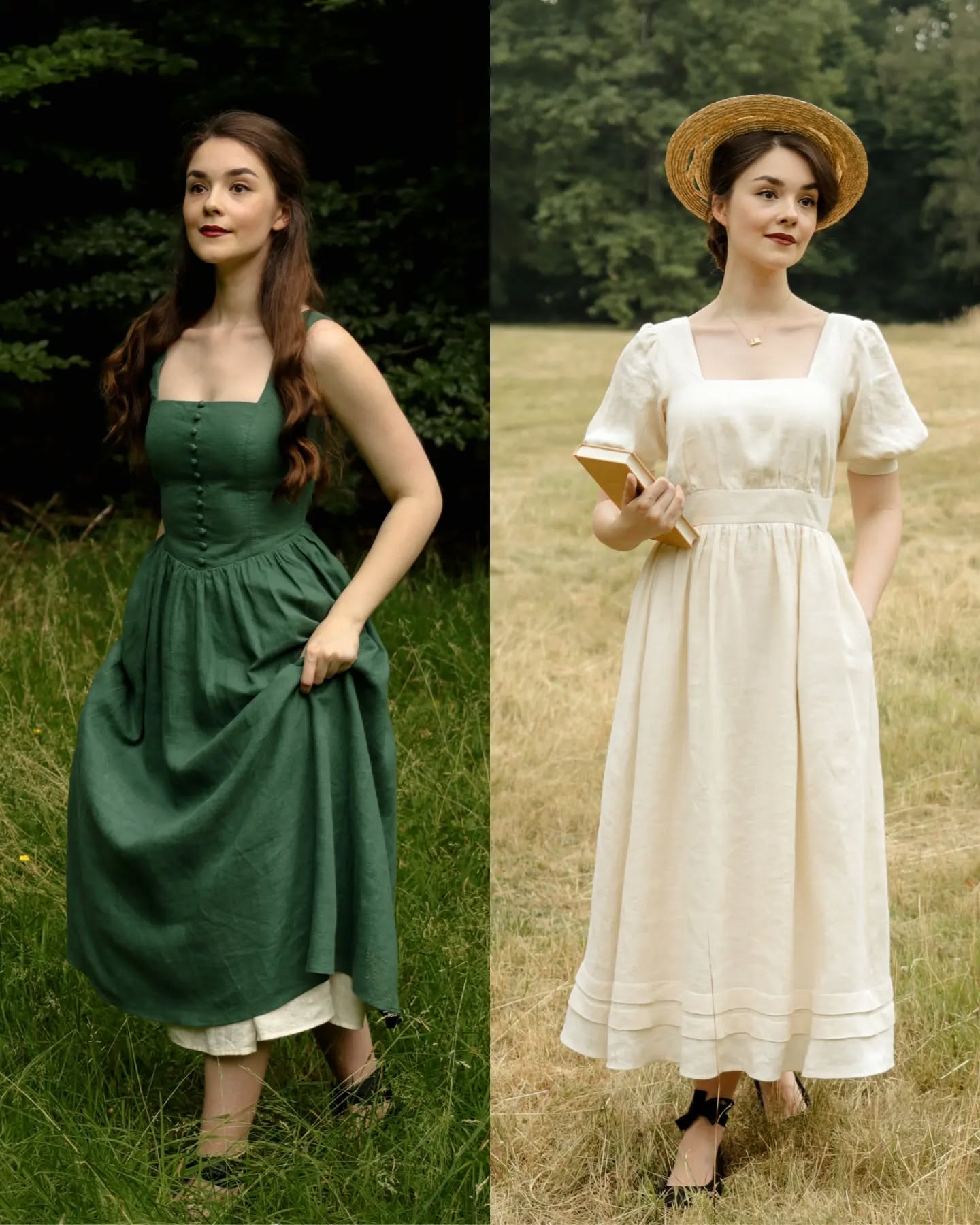 the image is a splitscreen comparison showcasing two women wearing different vintageinspired dresses in a natural outdoor setting.  on the left, a woman is wearing a dark emerald green linen maxi dress with a square neckline and button detailing.  the dress is fullskirted and falls to her ankles. on the right, a woman wears a creamcolored linen maxi dress with a similar square neckline and features puffed short sleeves. she's accessorized with a straw boater hat. both women are depicted in fulllength shots against a backdrop of green grass and trees, giving off a romantic and historical aesthetic. the overall style suggests a cottagecore or romantic vintage fashion theme.