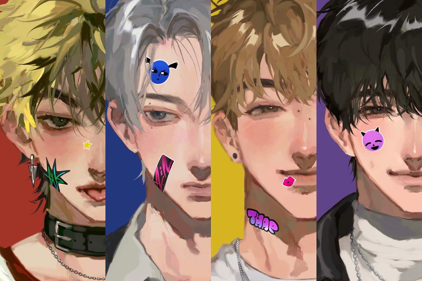 the image features four closeup portraits of animestyle boys, each with distinct hairstyles and colorful accessories such as stickers on their faces and necklaces.  the artwork is digital and features a painterly style with soft shading and vibrant colors.  the boys' expressions are subtle, ranging from neutral to slightly smiling.  each portrait is set against a contrasting background color (red, blue, yellow, purple). the overall aesthetic is modern and stylish.