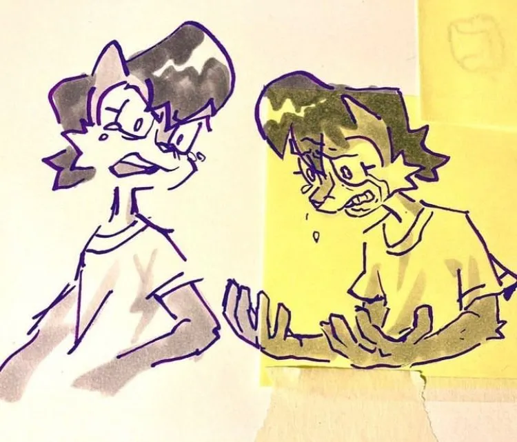 this is a rough sketch depicting two anthropomorphic characters, likely a cat and a fox, engaged in an emotionally charged interaction. the cat appears to be yelling, with a wideopen mouth and sharp teeth, while the fox looks distressed and is possibly crying. both characters have exaggerated features and are drawn in a dynamic, expressive style. the background is simple, with a yellow sticky note partially covering the fox.