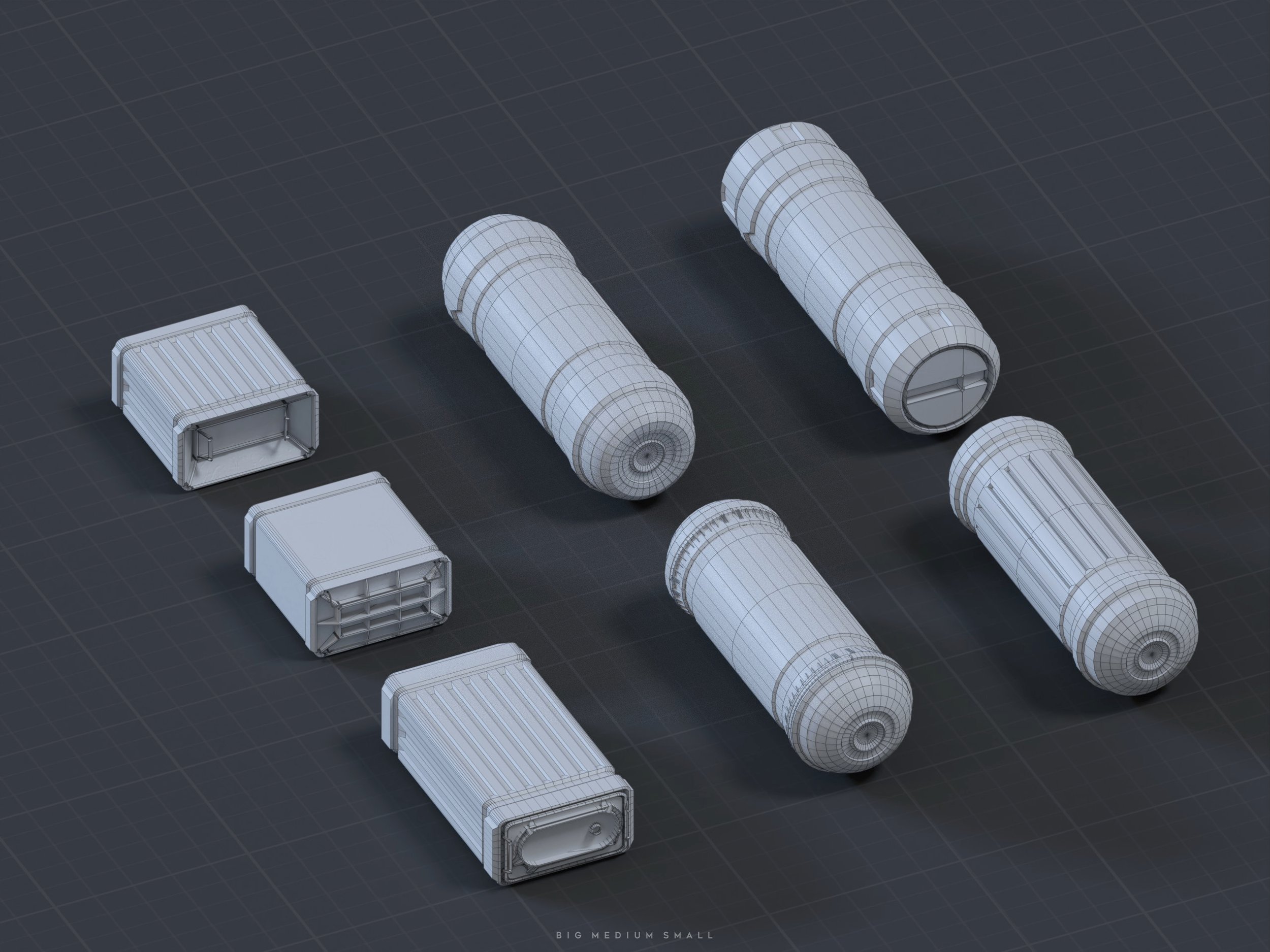 the image displays a set of eight 3d models rendered in wireframe mode. the models are variations of containers and boxes in three sizes: big, medium, and small, which are labeled in the image. the containers are cylindrical and rectangular shapes, styled with a futuristic or scifi aesthetic,  suitable for use as game assets or in other digital projects. they are arranged on a dark gray gridded surface, presented in an isometric view for a clear perspective of their shapes and sizes. the overall style is clean and simplistic.