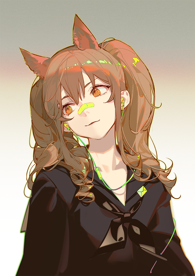 the image is an animestyle illustration of a girl with brown hair styled in pigtails. she has animal ears on her head. she's wearing a black uniform top with a ribbon at the collar. she has yellow eyes and a green bandaid on her face. green headphones are visible. she's smiling.