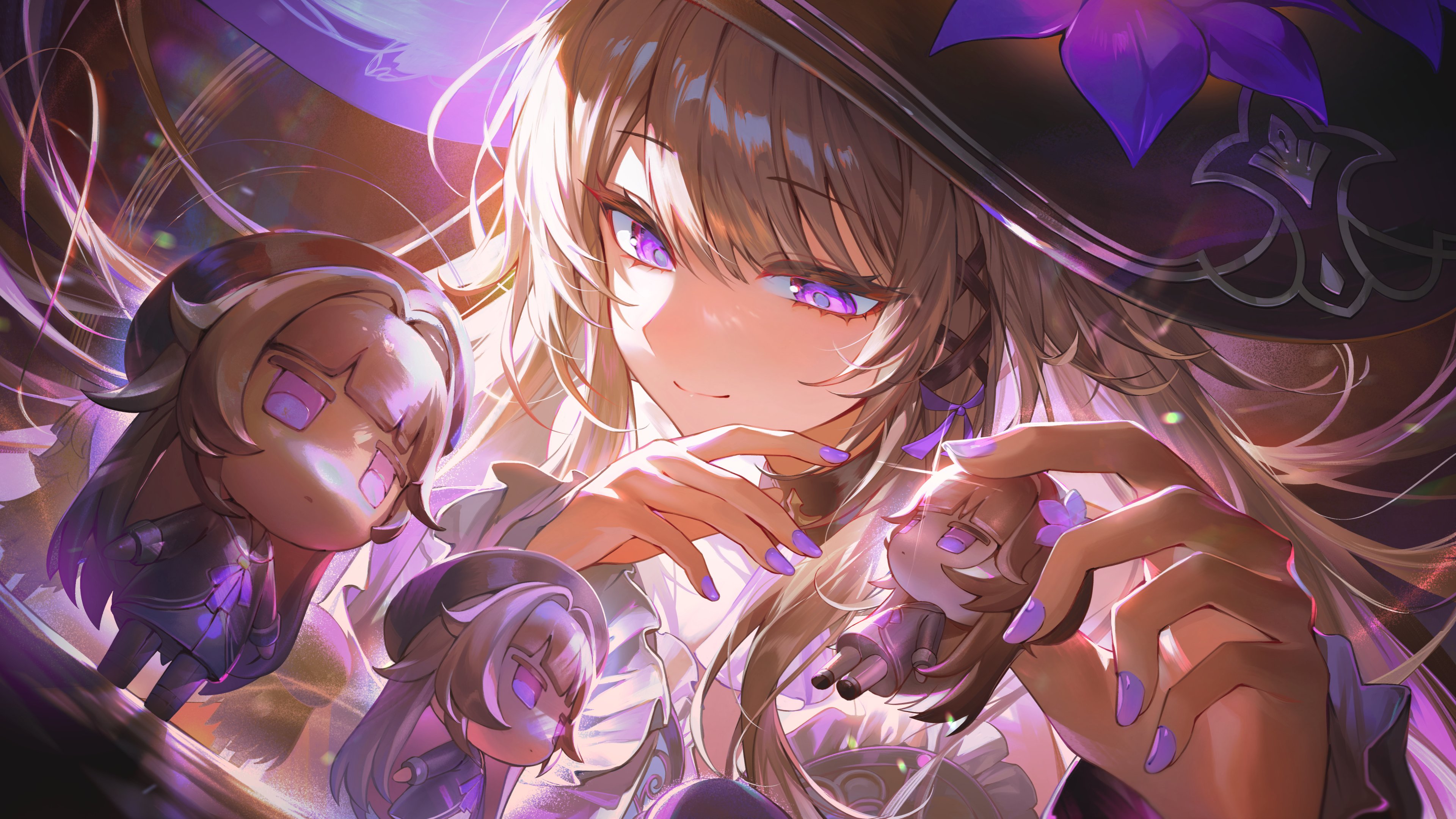 the image is a vibrant digital illustration featuring a beautiful animestyle woman with long blonde hair and striking purple eyes. she is wearing a large, ornate dark hat adorned with purple flowers. her nails are painted a matching purple.  she is depicted with a gentle, slightly mischievous expression, cradling three smaller, chibistyle versions of herself.  these smaller figures are similarly styled, wearing dark clothing and exhibiting a similar color palette. the overall style of the artwork is dreamy and whimsical with a magical, fantasy aesthetic.  the background is blurred and incorporates purple and pink hues, complementing the character's attire and emphasizing a light and airy atmosphere. the level of detail in the artwork is significant, evident in the rendering of the hair, skin, and clothing textures.