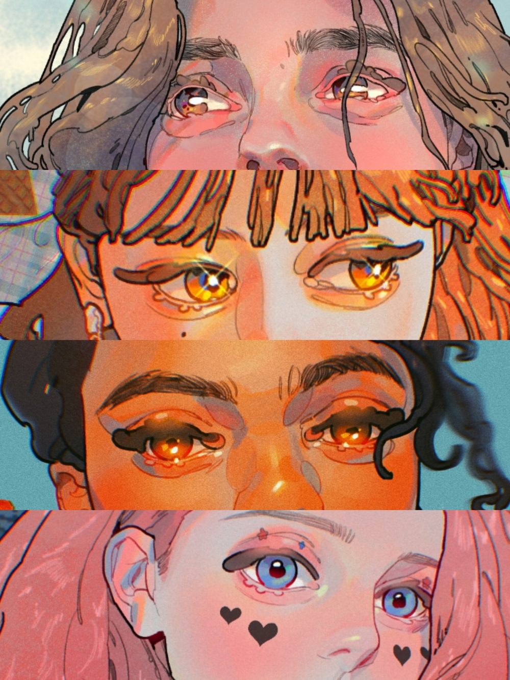 the image is a digital illustration featuring the eyes of four different women. each set of eyes is unique in shape, color, and makeup style. the image emphasizes the beauty and diversity of eyes. the art style is expressive and uses a warm color palette.