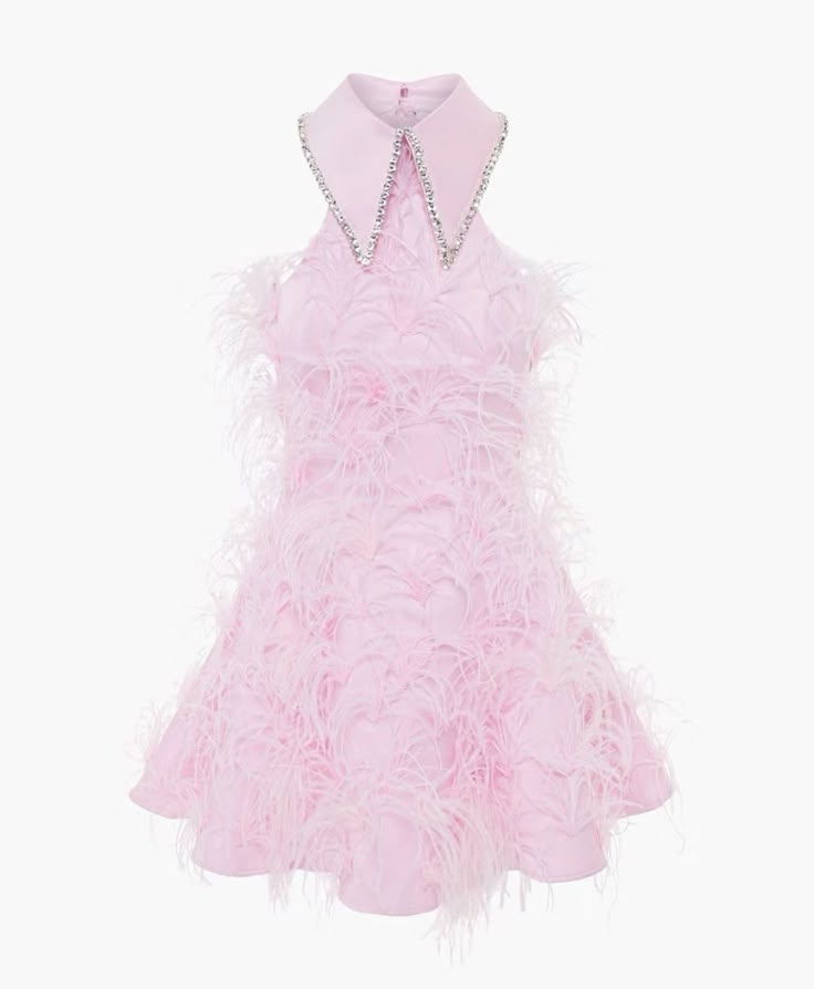 a pink sleeveless dress with a collared neckline that is adorned with embellishments. the dress is covered in feathers and is short in length.