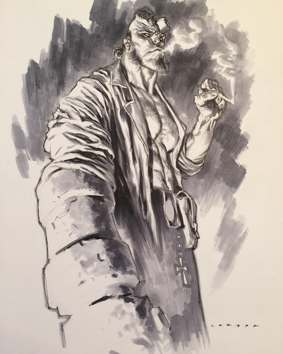 a black and white ink drawing of a man with a beard and a moustache, wearing a jacket and smoking a cigarette. he is looking at the viewer with a cool expression. the drawing is in a comic book style and is very dramatic. the man's face is shaded and detailed. his arm is close up. the background is black and white and blurred. the man appears to be a superhero or a fictional character.  the signature of the artist is on the lower right corner.