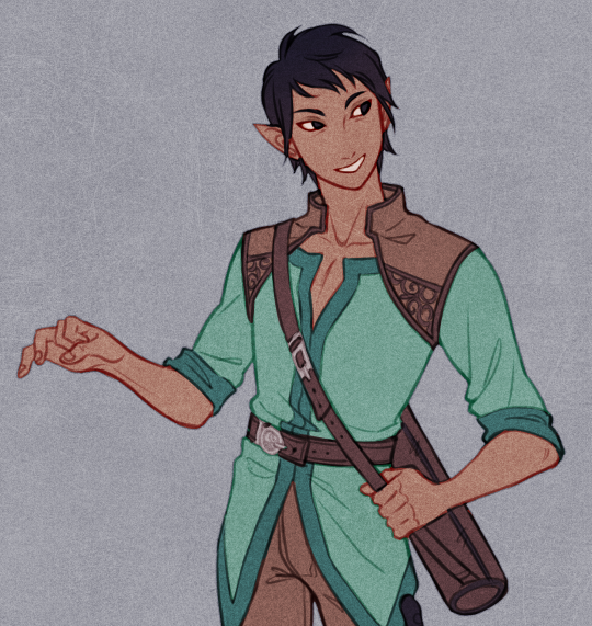 this is a digital illustration of a young male elf, likely designed as a fantasy character. he has tan skin, dark hair, pointed ears, and warm brown eyes. he is smiling slightly, giving him a friendly and approachable demeanor. he is dressed in a teal tunic with brown accents and leather straps, suggesting a traveler or adventurer's attire. he carries a brown satchel slung over his shoulder, further hinting at a life of exploration.