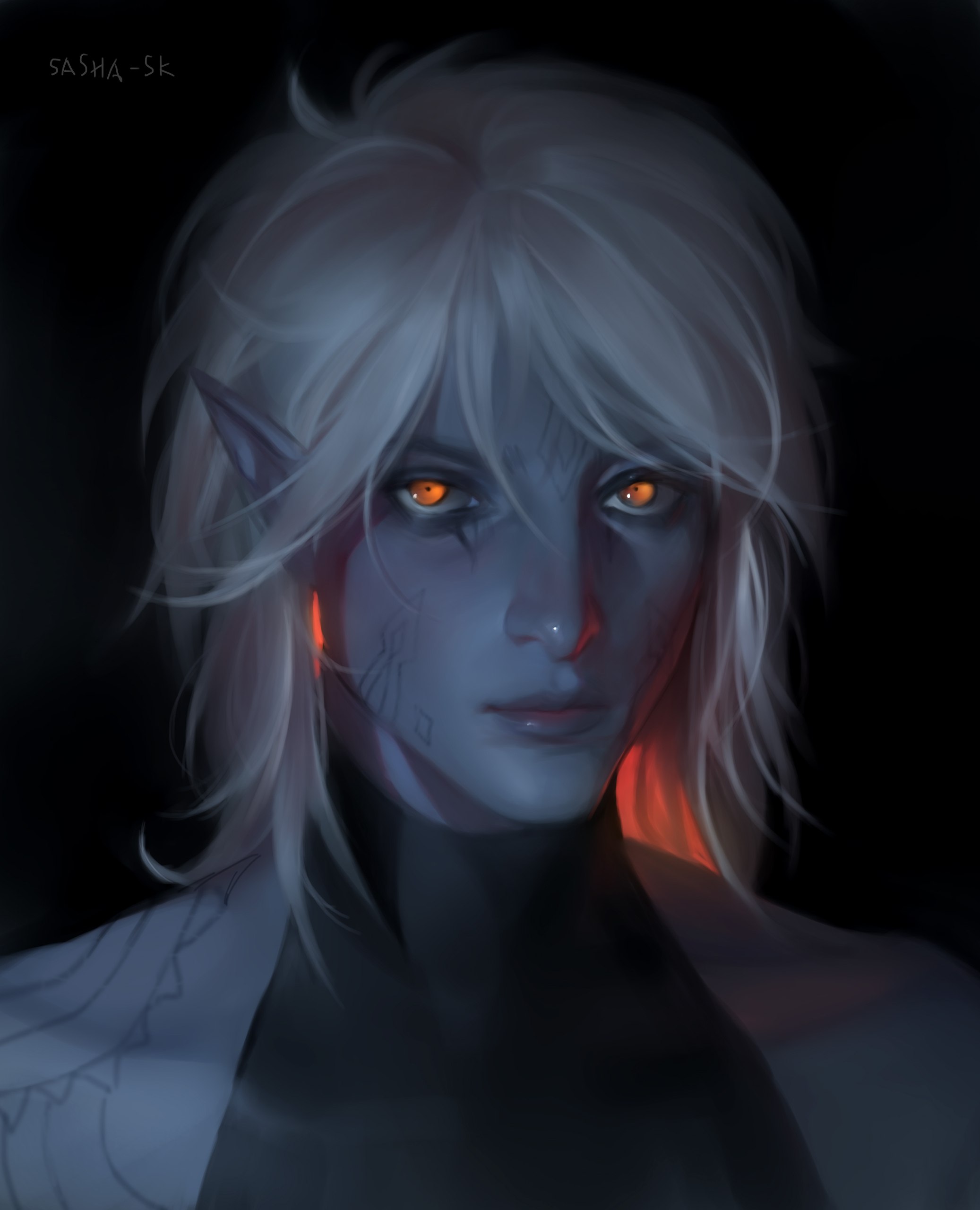 a digital painting of a darkskinned elf with white hair and glowing orange eyes. he is partially illuminated by an unseen light source, creating dramatic shadows across his face and chest. his features are sharp and angular. he has a tattoo or marking on his face that resembles glowing embers. the background is completely black.