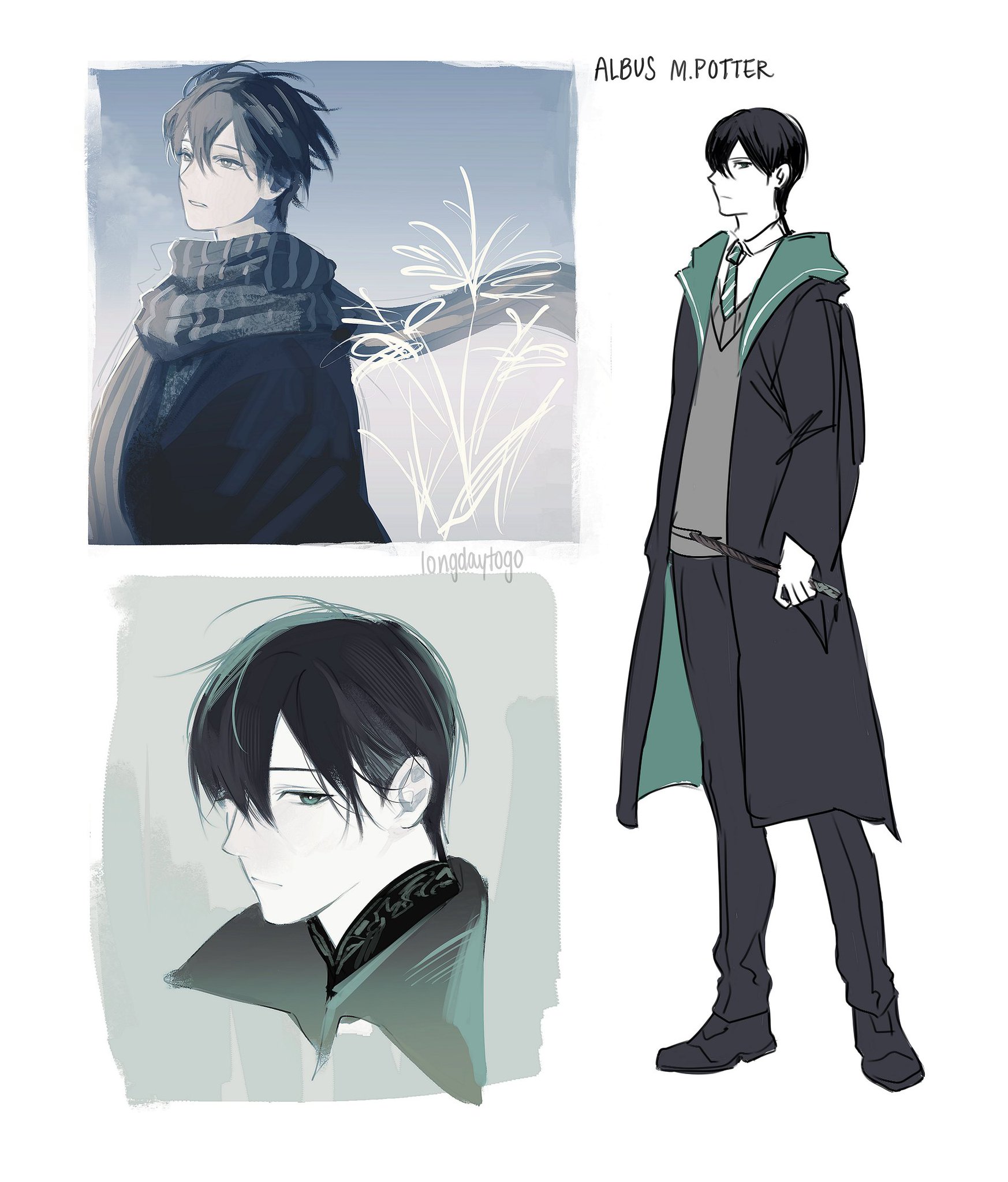 the image contains fanart of albus severus potter, the son of harry potter from the harry potter series.  it features three separate illustrations. the first is a soft, atmospheric portrait of albus wearing a scarf, evoking a wintery feel. the second is a more detailed fullbody illustration of albus in his hogwarts slytherin robes, holding a wand. both these illustration are in a soft, muted color palette. the third illustration is a closeup side profile view of albus in similar attire to the first, suggesting a more mature look. the illustrations are in an anime or mangainspired style. the title "albus m.potter" is written above the second illustration.  the style is quite subtle and peaceful.
