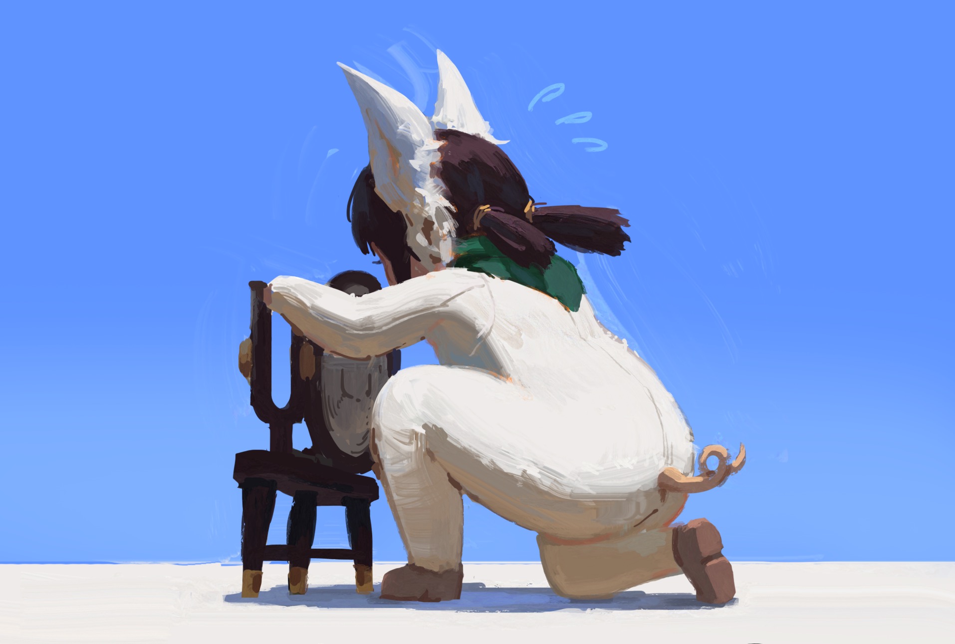 a digital painting of a whimsical animestyle girl character. she appears to be a piggirl hybrid, wearing a white onesie with pig ears. she is squatting down and looks at a small wooden chair in front of her. the background is a simple blue sky and white ground, emphasizing the character and her interaction with the chair. the overall style is lighthearted and cute. the painting uses loose brushstrokes and soft color palettes.