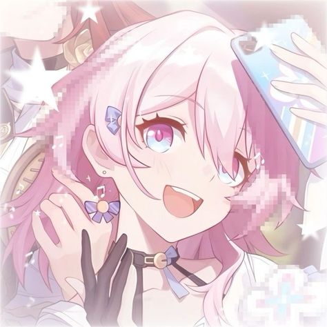 a digital animestyle drawing of a girl with long pink hair taking a selfie with a blue phone. she is smiling brightly and wearing a white outfit with a black collar. the background is a soft pink and white gradient.  the overall style is soft and cute.