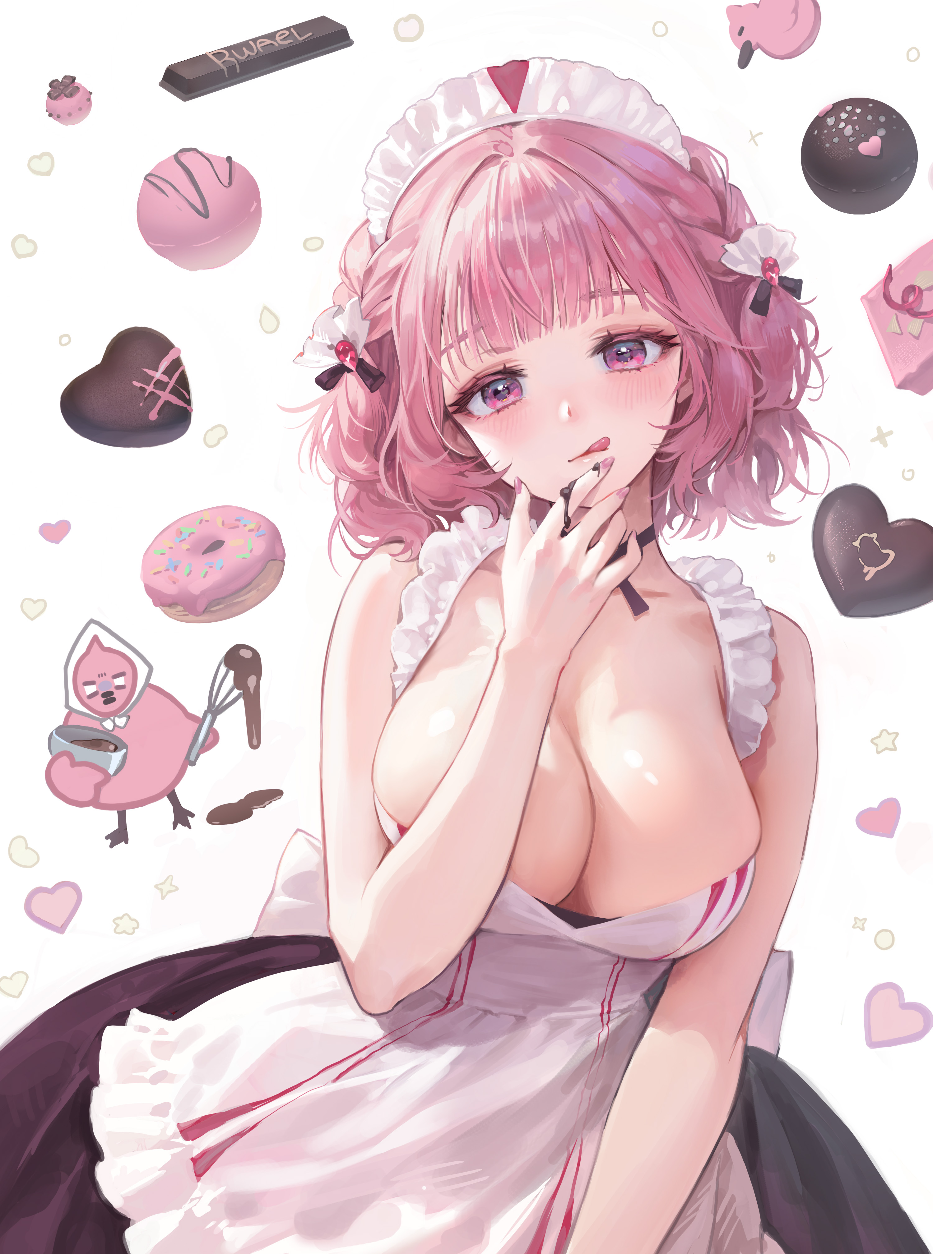he image showcases an anime girl with long, pink hair styled in loose curls, wearing a pink and white maid outfit. her attire features a lowcut apron, revealing a significant portion of her cleavage.  she's depicted in a seductive pose, holding a piece of chocolate near her mouth. the background is filled with various sweets such as chocolates in heart shapes, donuts, and other confections.  the overall style is soft, pastelcolored, and suggestive of cuteness and sexiness. the artwork is digital and highly detailed.