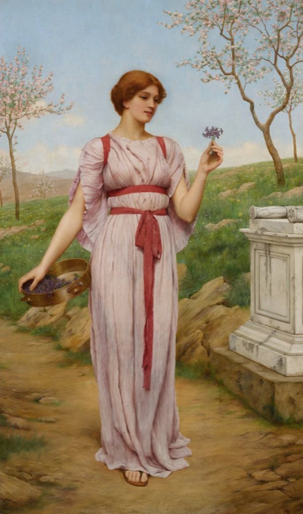 he image is an oil on canvas painting depicting a young, elegant woman in a pale pink classicalstyle robe. she is standing on a path amidst a landscape of flowering trees and rocks, holding a small basket of berries and a bunch of purple flowers.  behind her is a small, classicalstyle stone altar or monument. the woman's expression is serene and contemplative. the style of the painting is reminiscent of preraphaelite art and features soft lighting and detailed rendering of the woman and her surroundings.  the overall mood is peaceful and idyllic, suggestive of a classical or mythological setting.