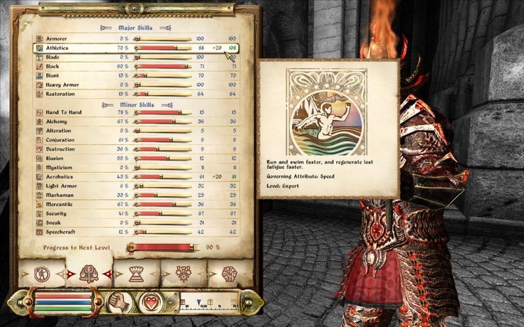 a screenshot from a video game.  the character sheet is open showing skill levels and progress towards the next level.  the character is standing in an ancient hall, looking at a skill description.  they appear to be wearing a red and black colored armor.