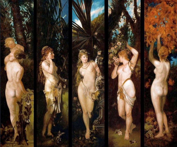 this painting depicts four nude women standing in a forest setting. each woman represents a different season, as indicated by the foliage and other details surrounding them. the woman on the left is surrounded by lush greenery, symbolizing spring. the second woman is in a more mature forest setting, representing summer. the third woman is surrounded by autumnal leaves, representing autumn. and the final woman is in a wintery setting, with bare branches and snow on the ground. the painting is a celebration of the cycle of the seasons and the beauty of the natural world. it is also a testament to the beauty of the human form.