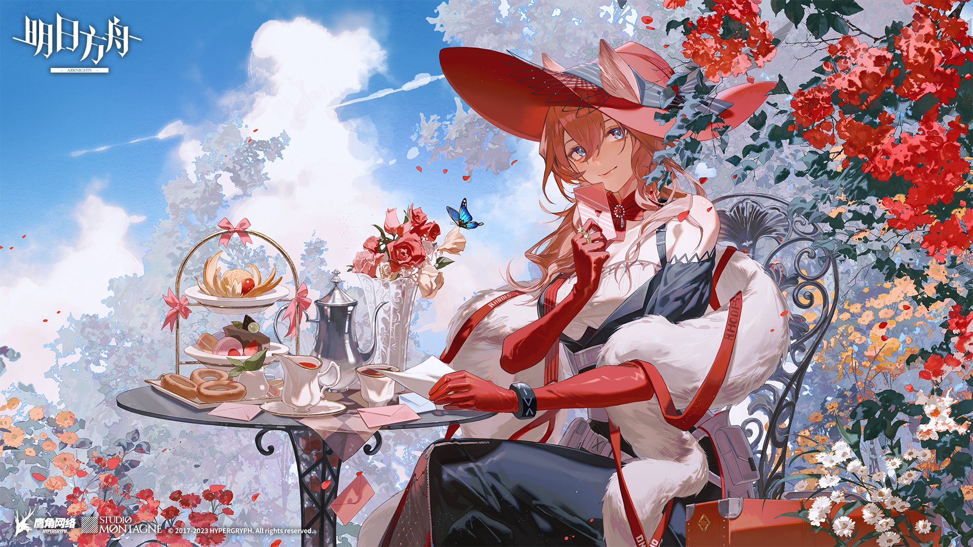 the image shows an anime girl wearing a red hat with white fur and red gloves, sitting on a chair by a table with a tea party setup. she's surrounded by flowers and a blue butterfly is flying near her. the sky is blue with white clouds. the overall mood is happy and relaxing.