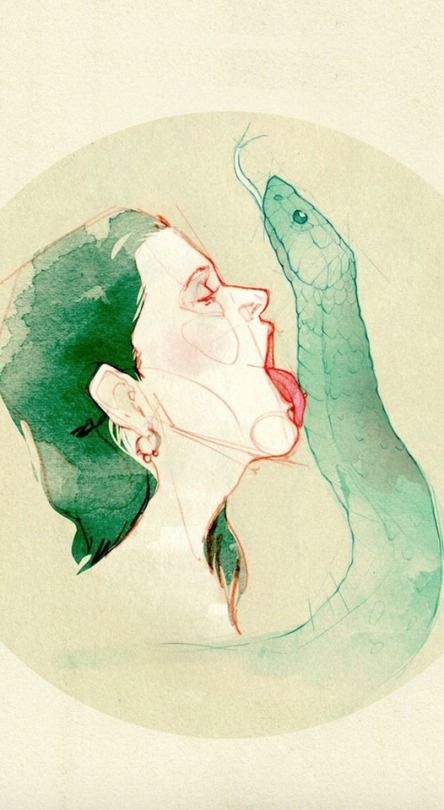 the image is a watercolor painting or illustration depicting a woman with dark green hair and fair skin. she is positioned in profile with her face turned towards a green snake that is depicted as if it's about to kiss or lick her.  the woman's mouth is open and her tongue is slightly extended. the overall style is surreal and somewhat dreamlike, with a soft, almost ethereal quality to the colors and brushstrokes.  the painting is contained within a circular border, adding to the feeling of being a contained scene or vision. the artwork is suggestive and could be interpreted in numerous ways, exploring themes of temptation, seduction, or a connection between nature and humanity.