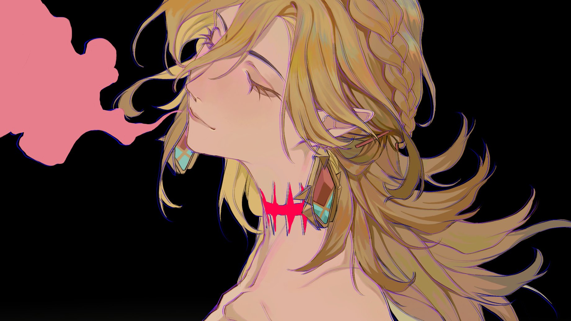 a digital illustration of an anime girl with long blonde hair. she is looking off to the side, with her head tilted down. her hair is styled in a braid on one side. she is wearing earrings and a choker with a jagged pattern. the background is black, with a pink cloud of smoke behind the girl.