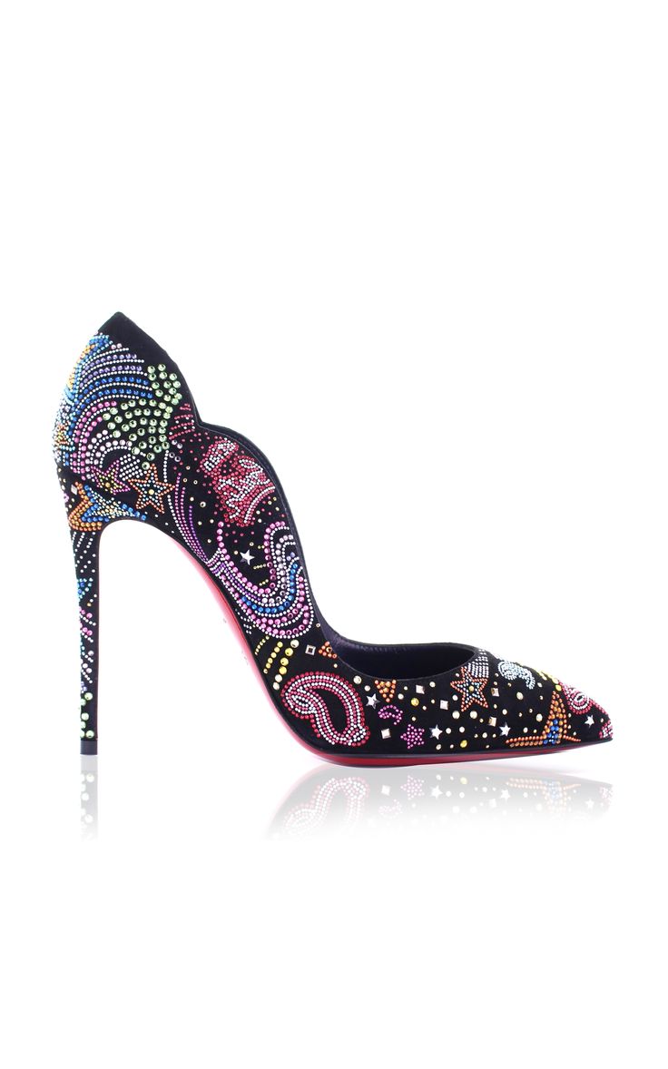a pair of black stiletto heels with a red sole, embellished with crystals and a sparkly finish. the shoes are pointed toe pumps with a high heel and a delicate strap across the top of the foot. they look like they are perfect for evening wear or special occasions.