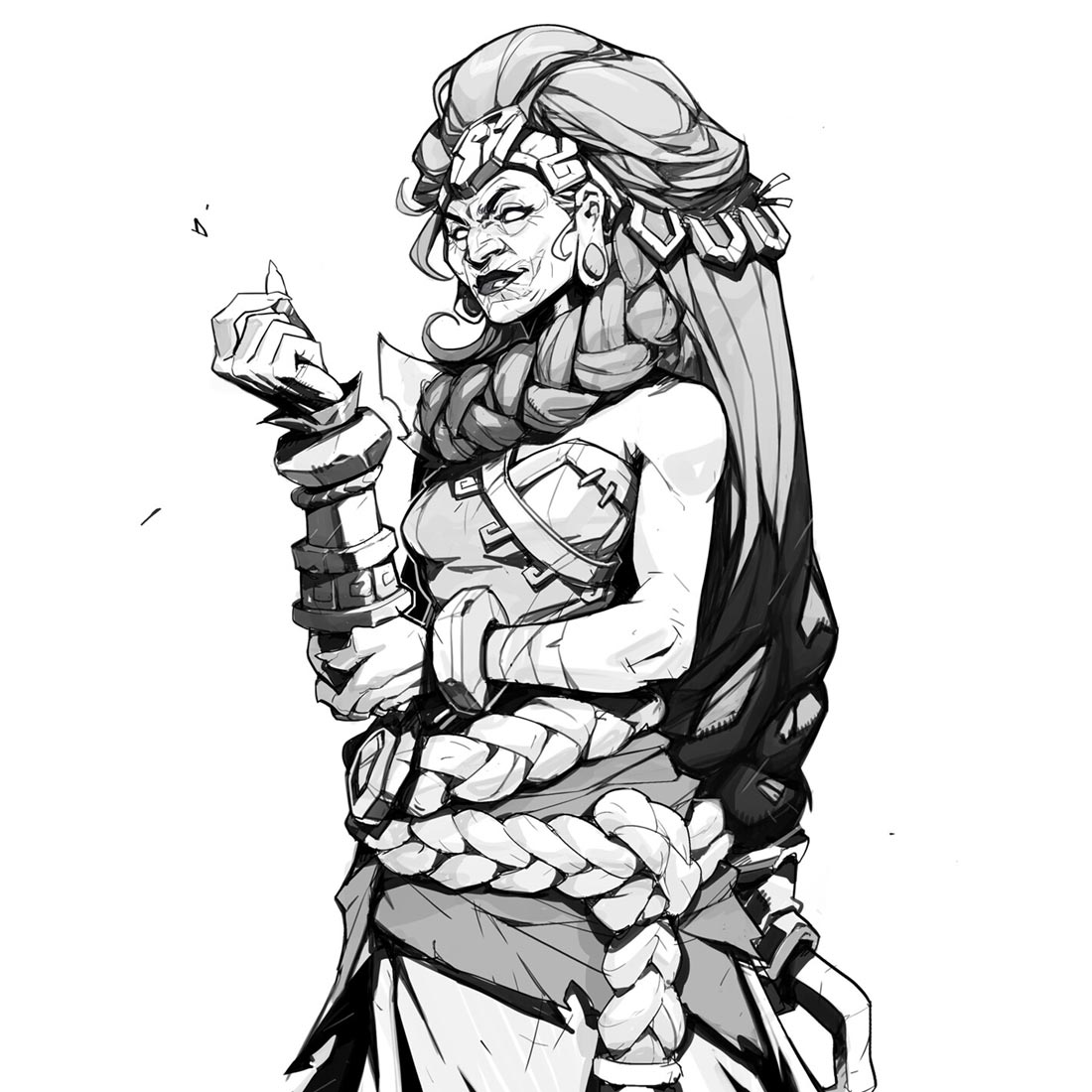 a black and white illustration of a female warrior. she has long, flowing hair in a braid, and is wearing heavy armor with a belt of rope. she holds a weapon in her hand and has a serious expression on her face. she appears to be a powerful and dangerous warrior, ready for battle.