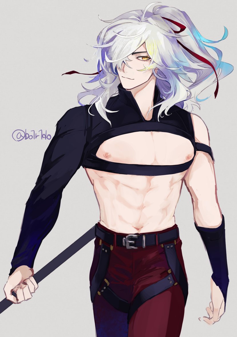 a digital illustration of an anime male character with white hair. he is wearing black clothing, red pants and a black belt. he is holding a sword in his left hand and is looking to the right of the frame. he is drawn in a very detailed and realistic style.  the background is a plain white with a slightly light gray tint.