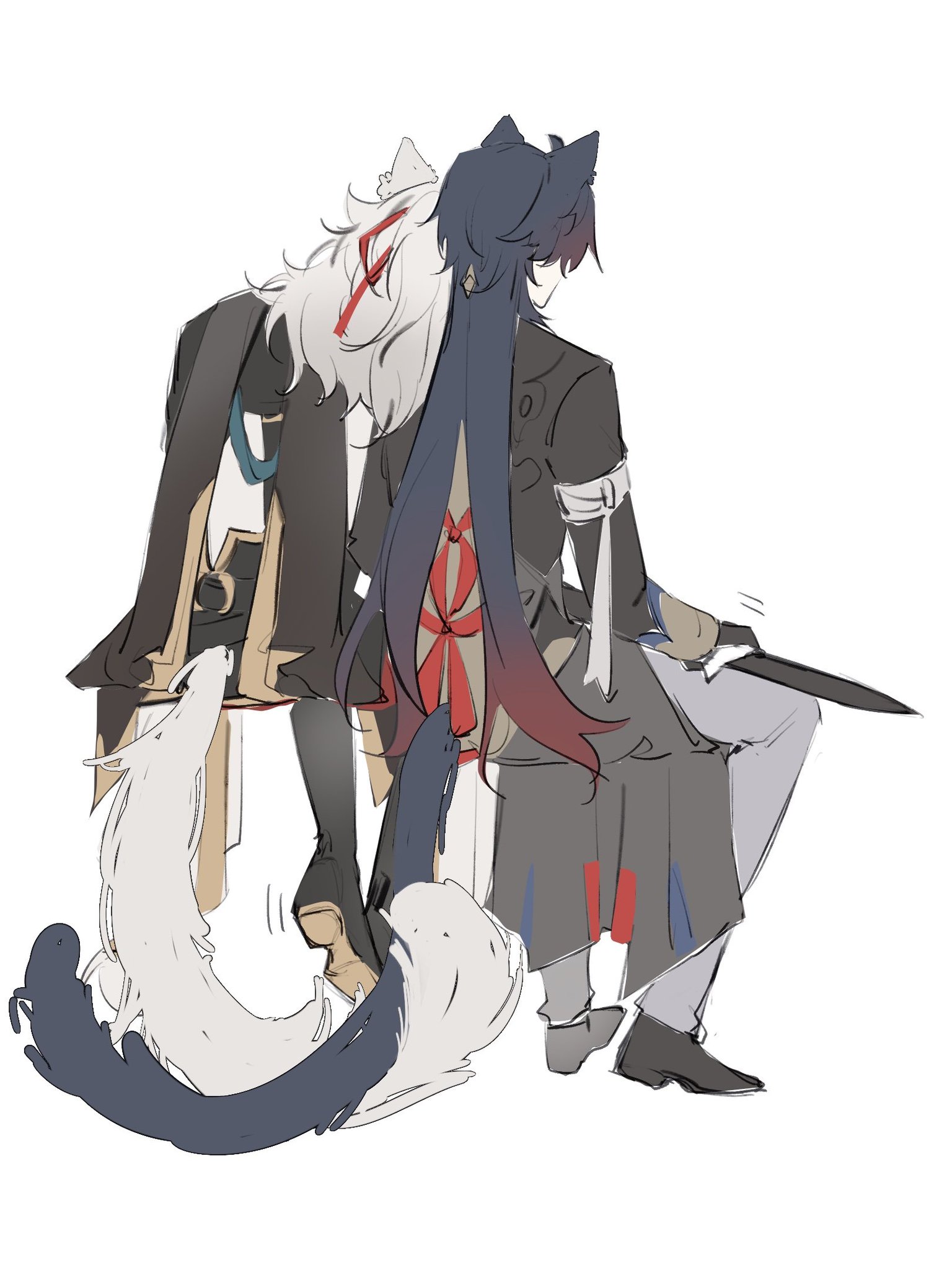 this is a digital illustration of two anime characters in a pose. the characters are sitting back to back and are looking away from each other. the character on the left is wearing a black and white outfit with white fur and a long white tail. the character on the right is wearing a black outfit with a black tail and a red bow. the background is white. the two characters have a wolflike and catlike appearance. this art style is used in various japanese manga and anime productions.  this art style is often used to create characters that are both cute and powerful.