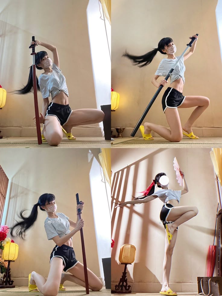 the image shows four different poses of a woman dressed in black shorts, a crop top, and yellow slippers, holding a katana in three of the poses and a fan in the fourth. she has a ponytail and is wearing a face mask. the background includes orientalthemed elements like lanterns.