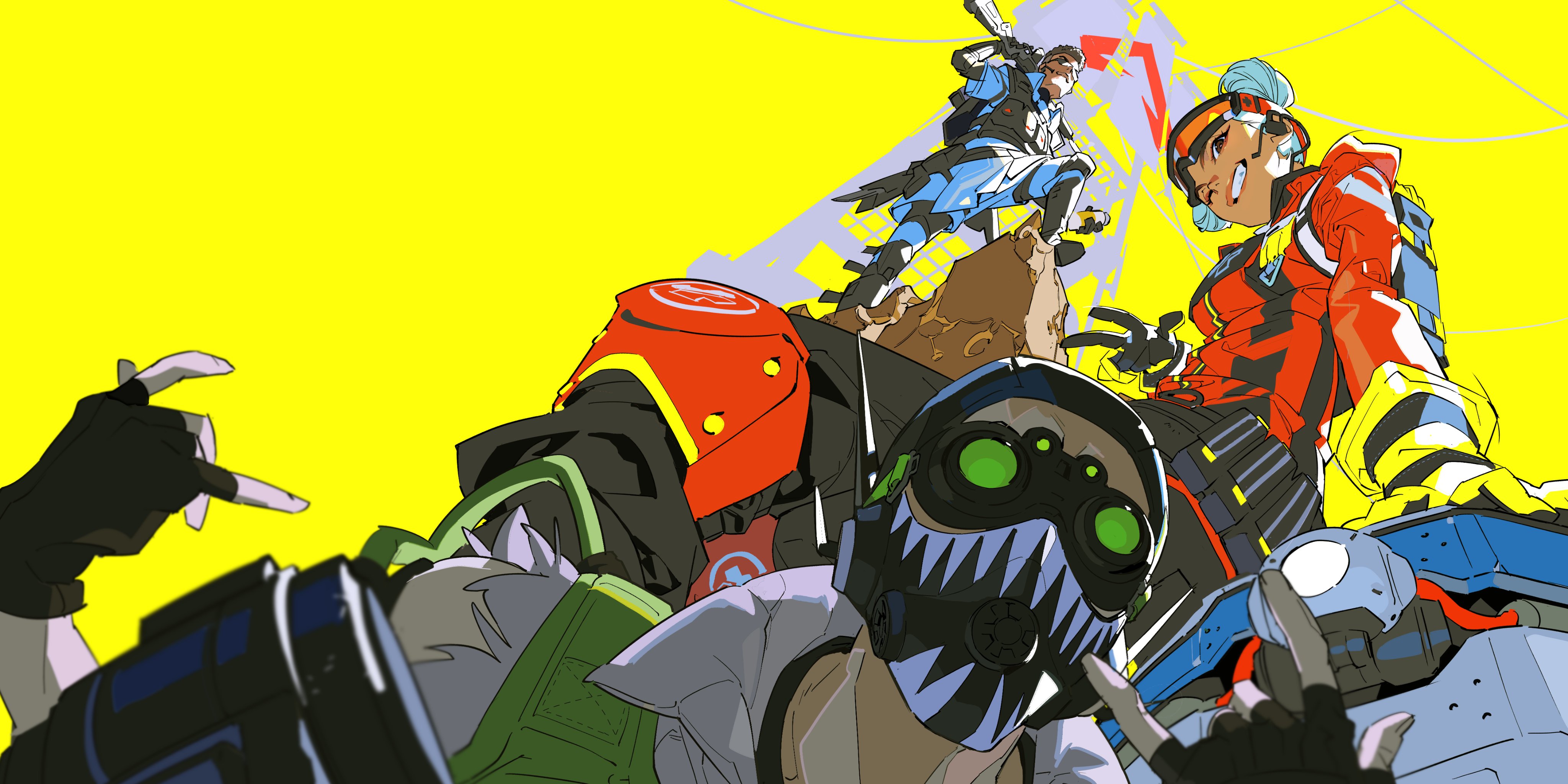 four characters from the video game apex legends are shown from a low angle.  they appear to be a squad of players, and they are all looking down at the viewer. the character on the far right is lifeline, who has brown skin, blue hair, and is wearing a red and yellow outfit. next to her is octane, who has a prosthetic leg, and is wearing a white and green outfit. he has a gas mask covering his face. above them is valkyrie, who is wearing a blue and white outfit, and has her back to the viewer. in the top right corner is bloodhound, who is wearing a red and black outfit. the background is a bright yellow.
