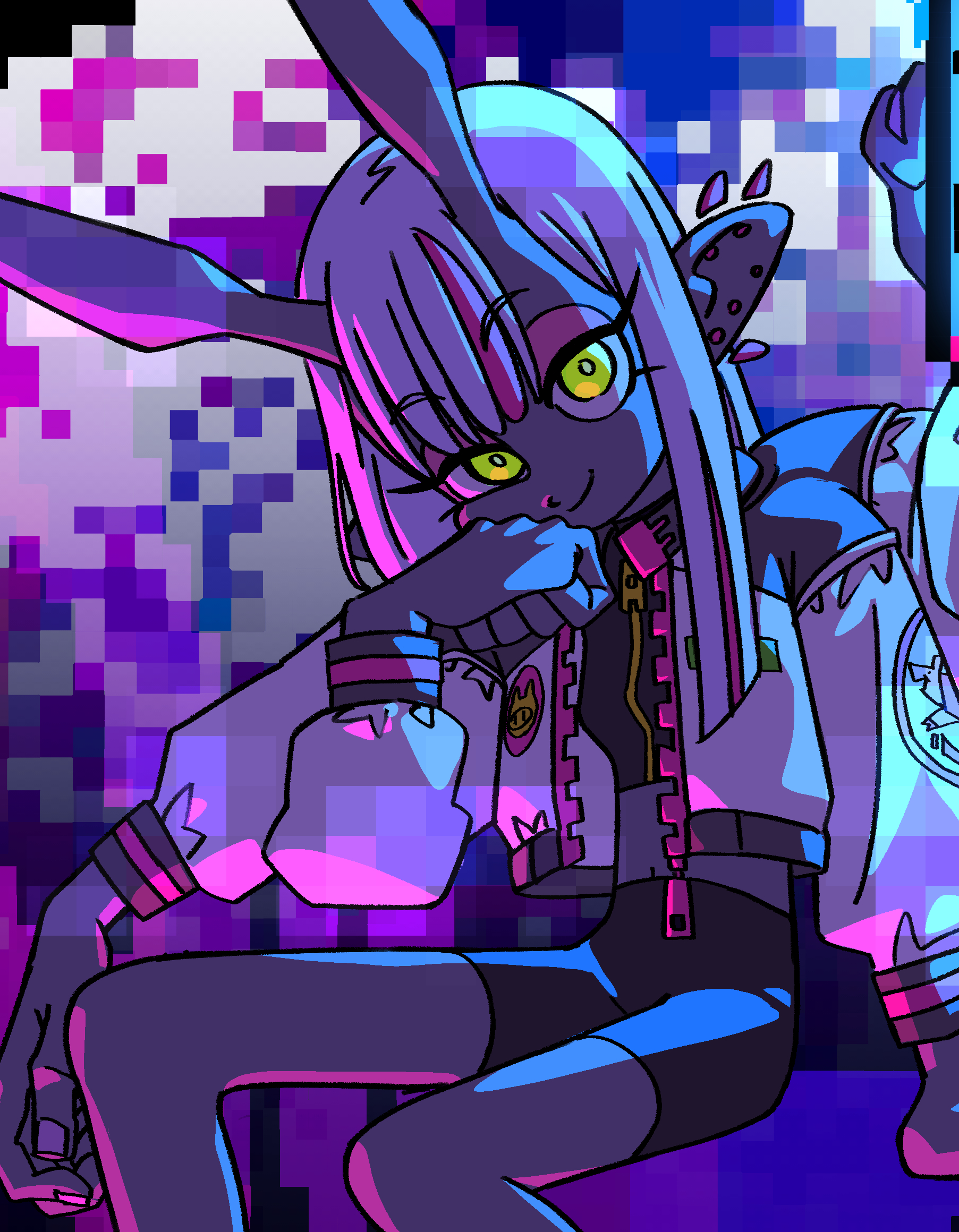 a digital illustration of an anime girl with rabbit ears, drawn in a dynamic and expressive style. the girl sports a mischievous grin and a confident pose, her bright yellow eyes sparkling with energy. her attire, a trendy mix of a white jacket, black shorts, and vibrant accessories, reflects a cool, urban aesthetic. the backdrop is a captivating fusion of purple, blue, and pink hues, reminiscent of neon lights, enhancing the overall vibrant and modern vibe of the artwork.