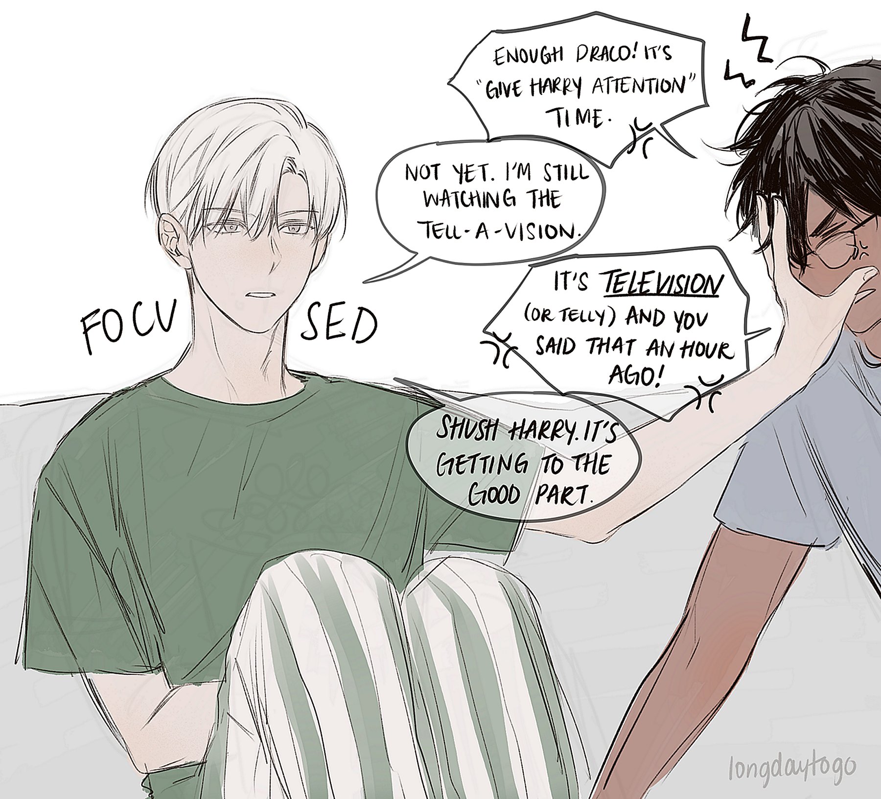 this is a digital fanart illustration depicting a bl (boys' love) couple, reminiscent of draco malfoy and harry potter from the harry potter series. the artwork is in a comic or webtoon style.  one character, with white hair, is seated comfortably in pajamas, engrossed in watching television. the other character, with dark hair, is trying to get their attention, leading to a humorous interaction displayed through speech bubbles. the overall style is light and fluffy, with a focus on the intimate dynamic between the two characters. the background is simple and uncluttered, focusing attention on the characters and their interaction.