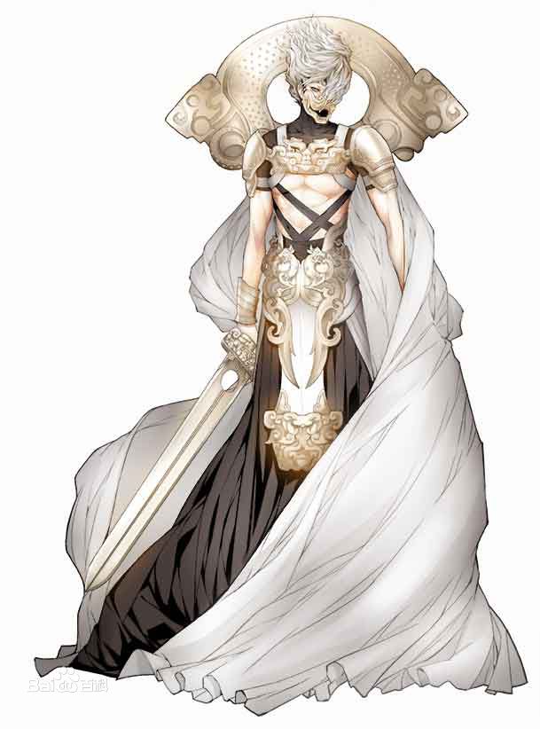 the illustration showcases a tall, slender man with short, spiky white hair, adorned in elaborate silver and gold armor. his attire consists of a flowing white cape, a dark undergarment, and intricate armor plating featuring decorative motifs. a long, gleaming sword rests in his hand, its tip pointing towards the ground. the background is absent, placing sole emphasis on the figure and his attire.
