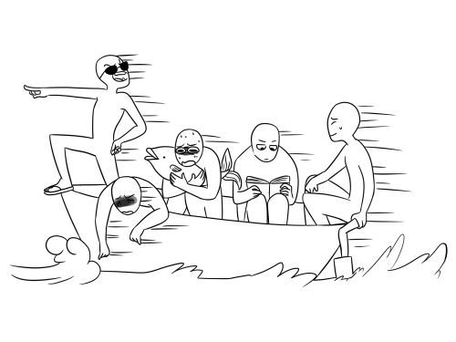 this is a cartoon sketch of five people in a boat, all of which have blank faces that you can draw on.  the people are in different poses, some are sitting, and some are standing. there is one person who appears to be fishing as he is holding a fish. one person is reading a book and another person is  wearing sunglasses and looks excited, while the two other people look shocked or sad.
