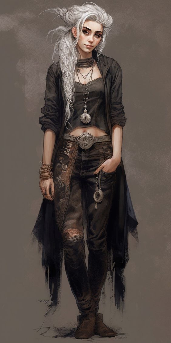 the image showcases a young woman with striking white hair styled in a braid. she is dressed in a black ensemble consisting of a long, flowing jacket, a sleeveless top, and fitted pants with decorative embroidery. her attire includes a variety of accessories like necklaces, a pocket watch, a belt with an ornate buckle, bracelets, and keys. the background is a muted grayishbrown, allowing the character to stand out. the soft lighting creates a gentle ambiance, while the eyelevel perspective provides an intimate view of the subject.