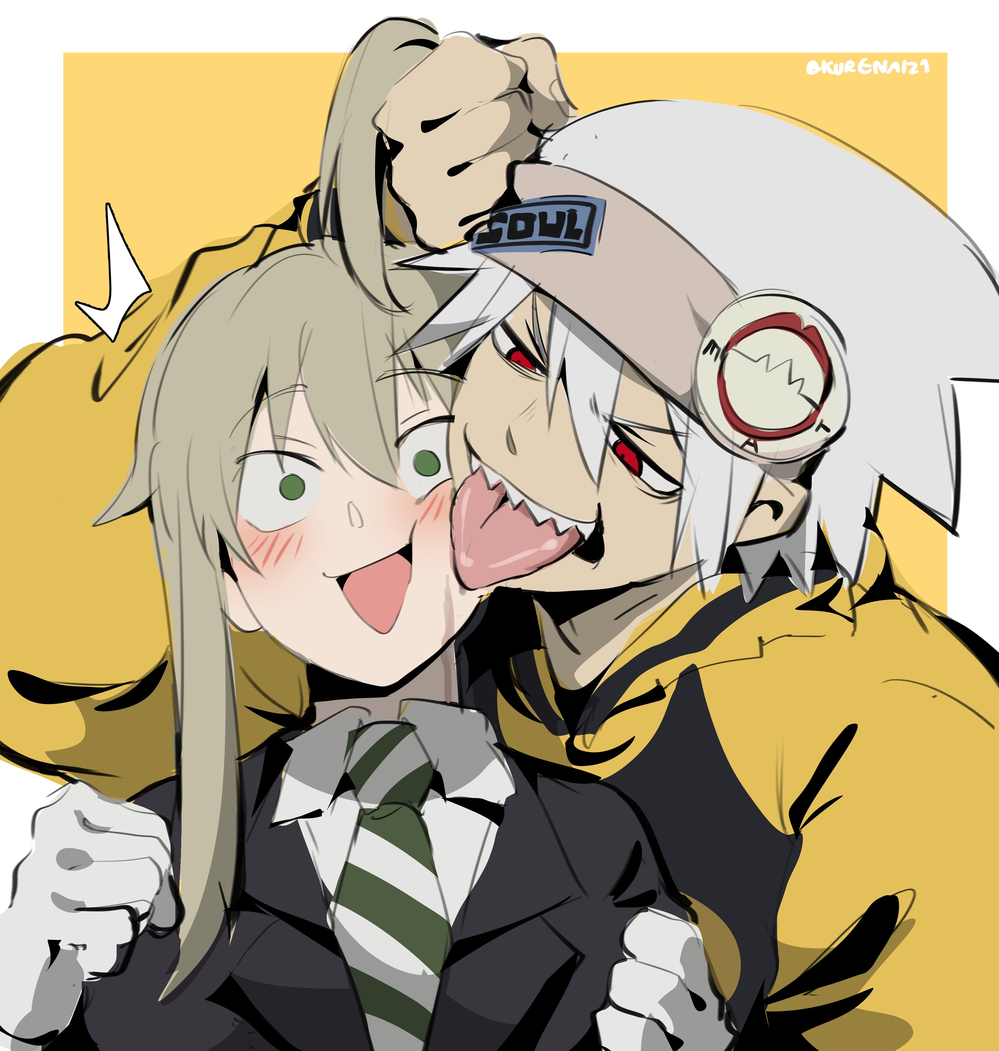 this digital art depicts a playful scene from the soul eater manga, featuring maka albarn and soul evans, with soul