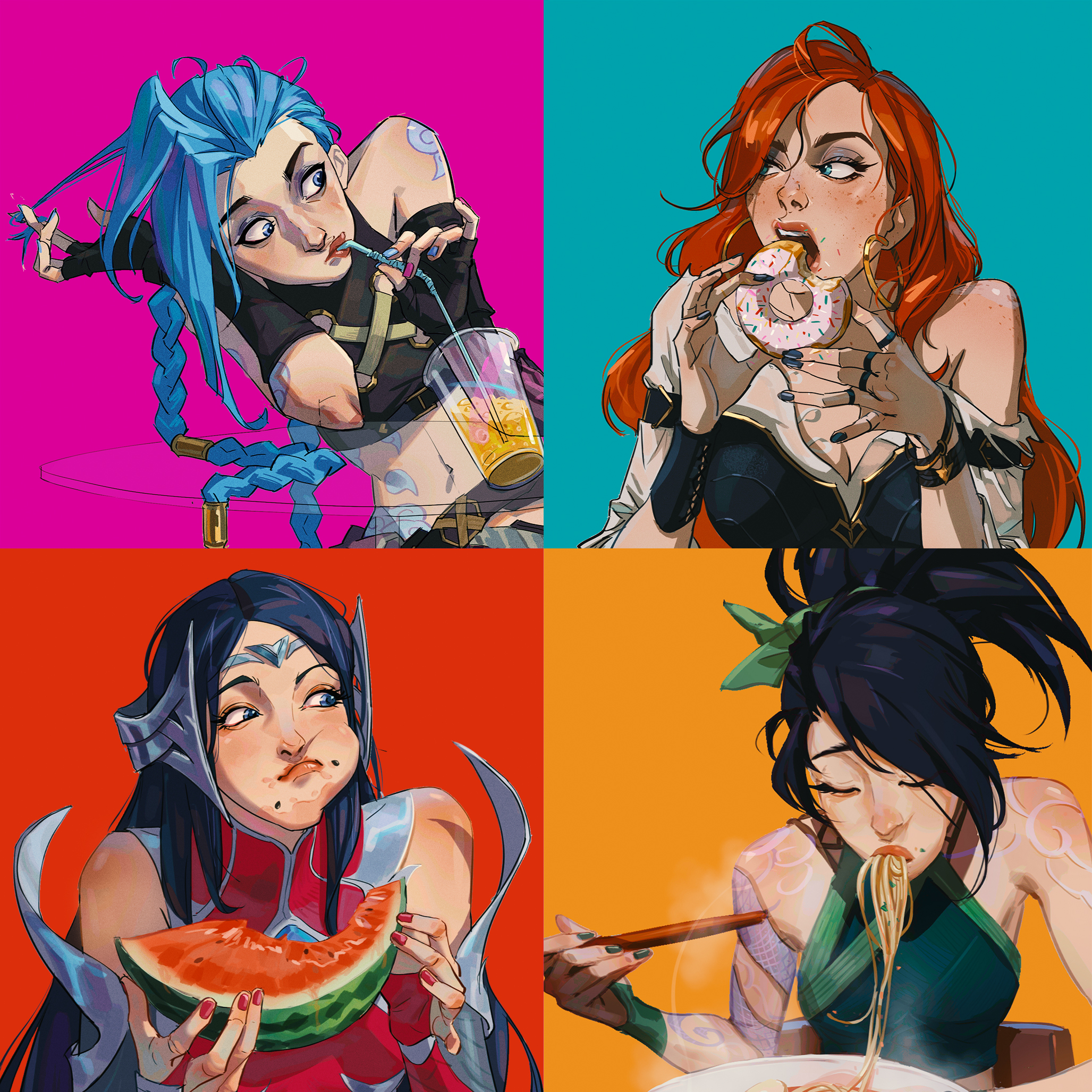 this digital artwork features four female characters in anime style, each framed in a separate color block and engaging in different foodrelated activities. the top left character has blue hair and is drinking from a cup with a straw.  she's wearing a  black and white outfit with a blue, leather belt and a silver pendant. the top right character has red hair and is eating a donut. she's wearing a black and white outfit with a white lace top and a black belt. the bottom left character has black hair and is eating watermelon. she's wearing a red and silver outfit. the bottom right character has black hair and is eating a bowl of noodles. she's wearing a green outfit. each character has a unique expression and posture. the overall artwork is colorful and playful, with a focus on the characters' interactions with food.