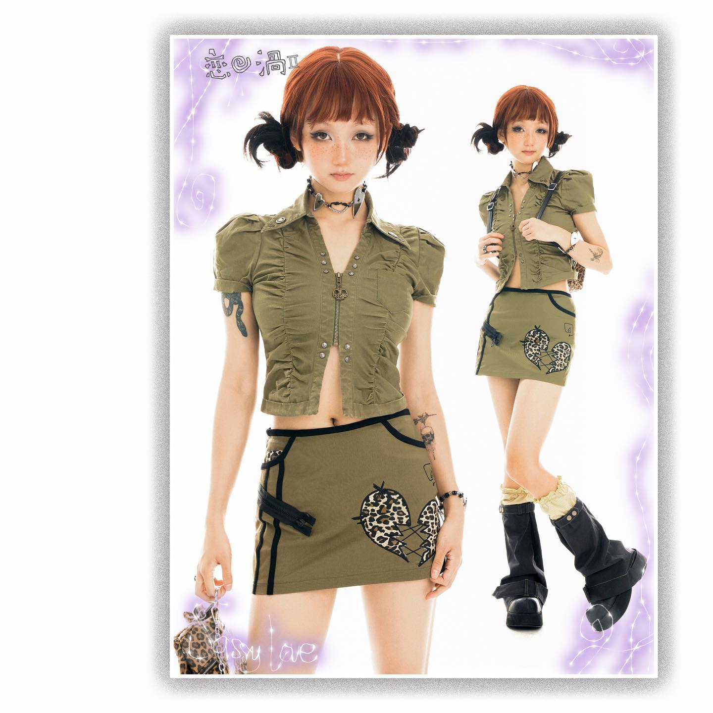 the image shows two photos of a young asian woman modeling a green militarystyle outfit. the outfit consists of a shortsleeved zipup top and a mini skirt with a broken heart design featuring a leopard print.  the model has red hair styled with bangs and two small buns. she's also wearing black boots and carrying a small bag.  the background is simple, white, and the photo has a slightly stylized, almost cartoonlike look to it. the overall style leans toward alternative, punk, or lolita fashion.