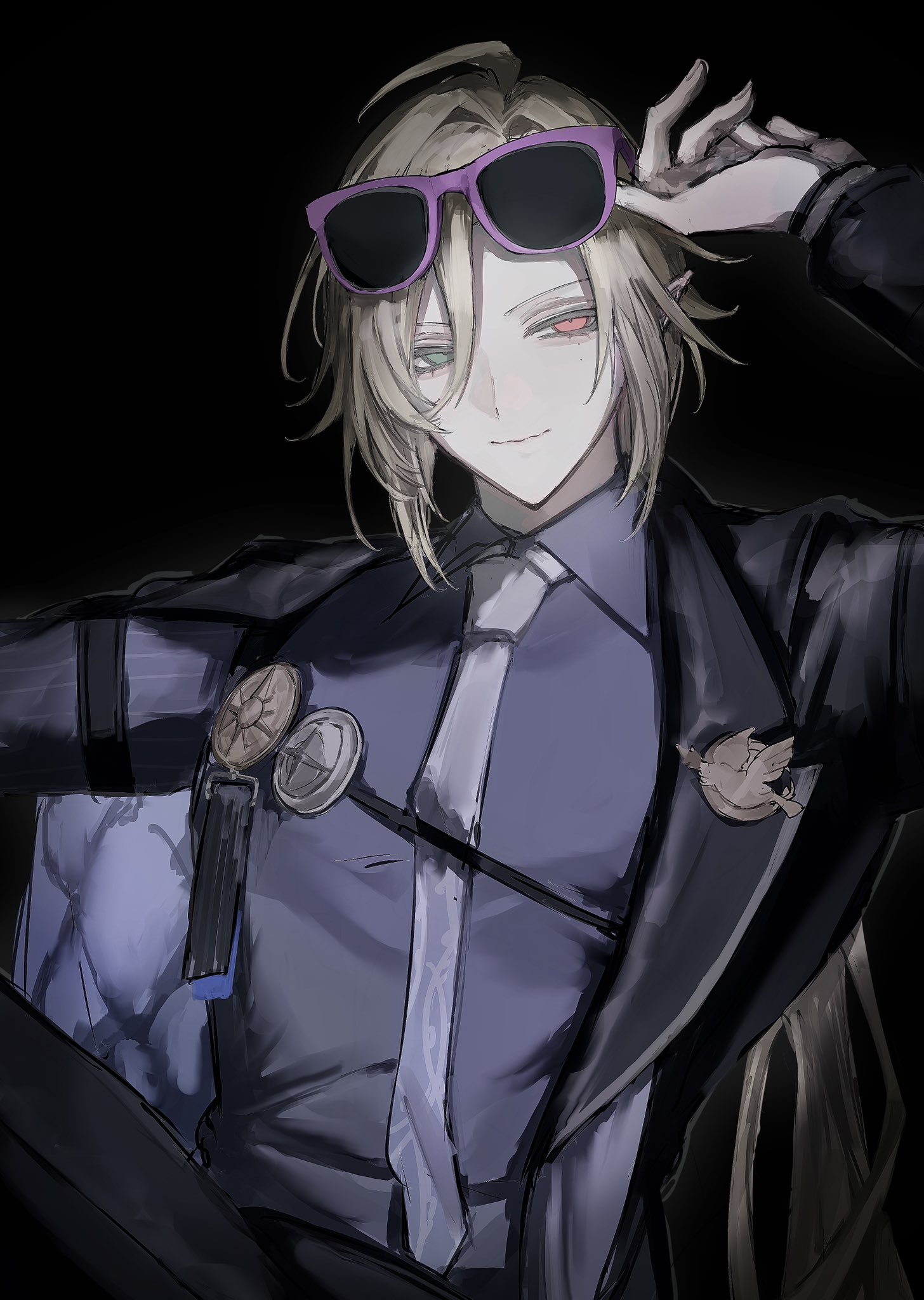a stylized animestyle illustration of a man in a suit with a tie and sunglasses. the character has blond hair and heterochromia (different colored eyes). he's wearing a suit jacket with a buttonup shirt and tie, and there are pins or badges on his chest. the background is dark, focusing attention on the figure.