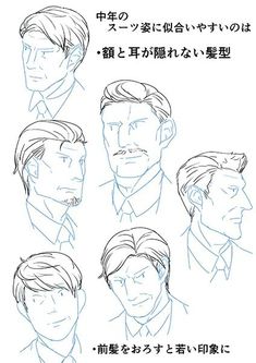 the image contains six sketches of men's hairstyles, specifically designed to complement a middleaged man in a suit.  the text, written in japanese, offers advice on choosing a fitting hairstyle: hairstyles that don't hide the forehead and ears are more suitable, and having bangs gives a more youthful impression.