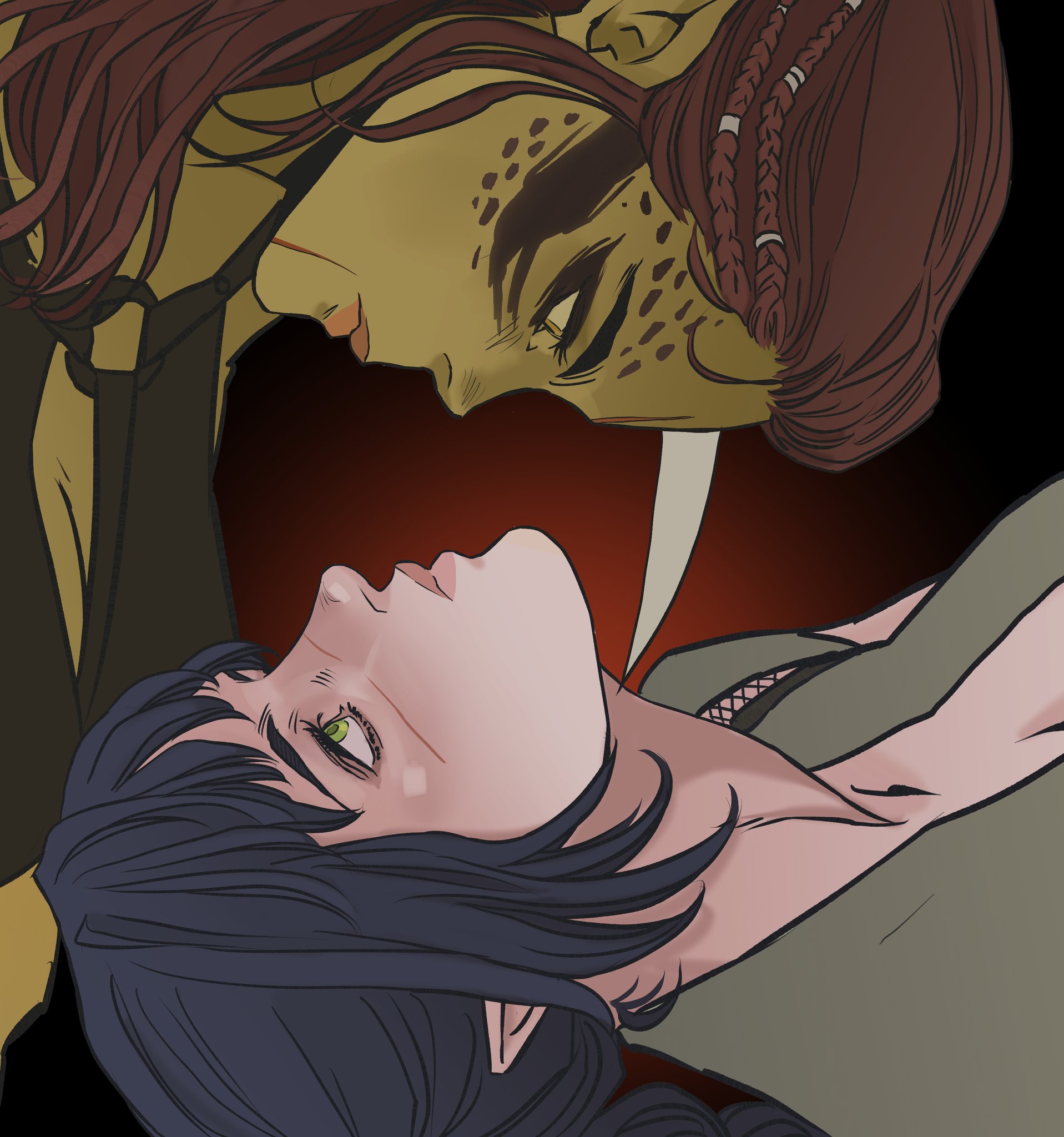 an illustration of two women in a romantic or intimate pose. one woman has pale skin, dark hair, and green eyes, and is looking up at the other. the other woman has olive skin with small dark spots on her face, brown hair styled with braids and beads, and is looking down at the first woman. the background is dark and abstract, with red and black tones.