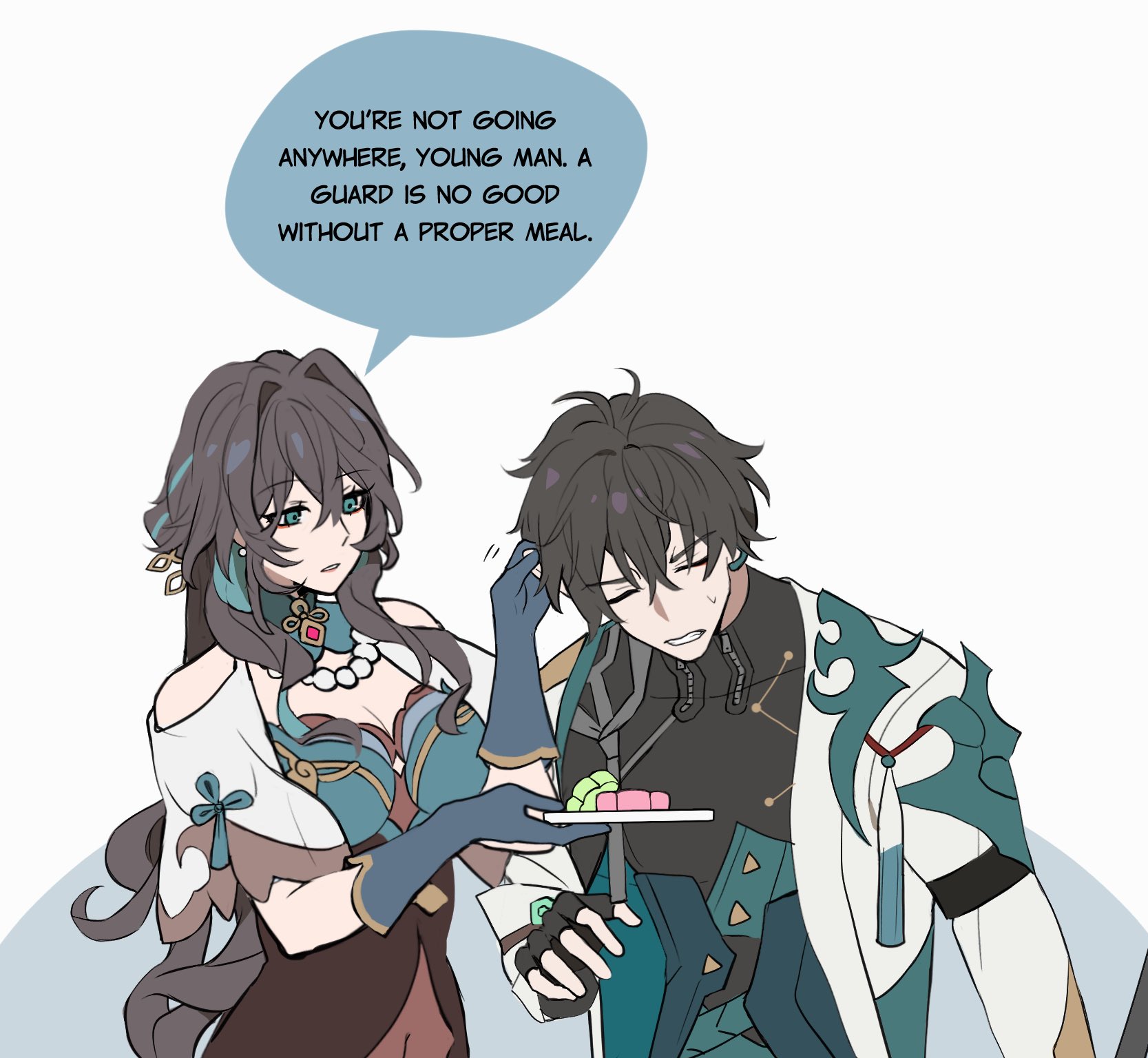 the image is an anime illustration depicting a young woman and a young man. the woman is offering a plate of food to the man, who appears reluctant to eat.  the woman's expression is concerned, as she attempts to persuade the man to eat. there is a speech bubble above the woman's head with the text: "you're not going anywhere, young man. a guard is no good without a proper meal." the image is set against a simple white background, with the characters dominating the composition.  it evokes a scene of a loving and caring relationship, with the woman demonstrating her affection for the man by ensuring he is wellfed.  the illustration is done in a  clean, simple style, with soft colors and details, highlighting the characters' expressions and emotions.