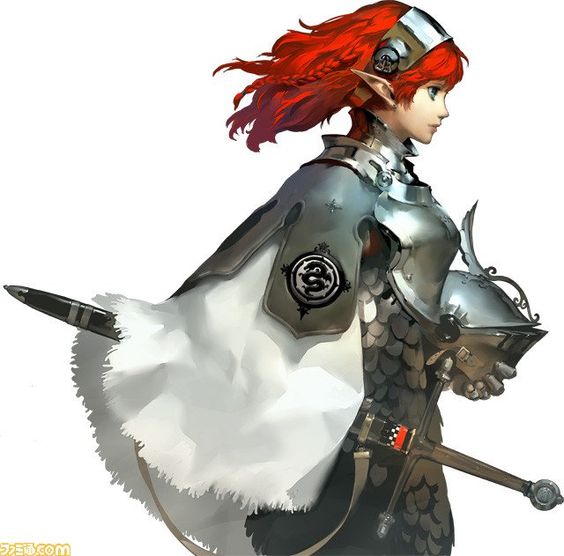 the image showcases a female character concept art, likely a warrior from a fantasy setting. she has flowing red hair and elf ears. she is clad in detailed steel armor with a white cape draped over her shoulders. she holds a sword, suggesting her combat prowess. the artwork boasts a soft color palette and a dynamic pose that exudes strength and grace.