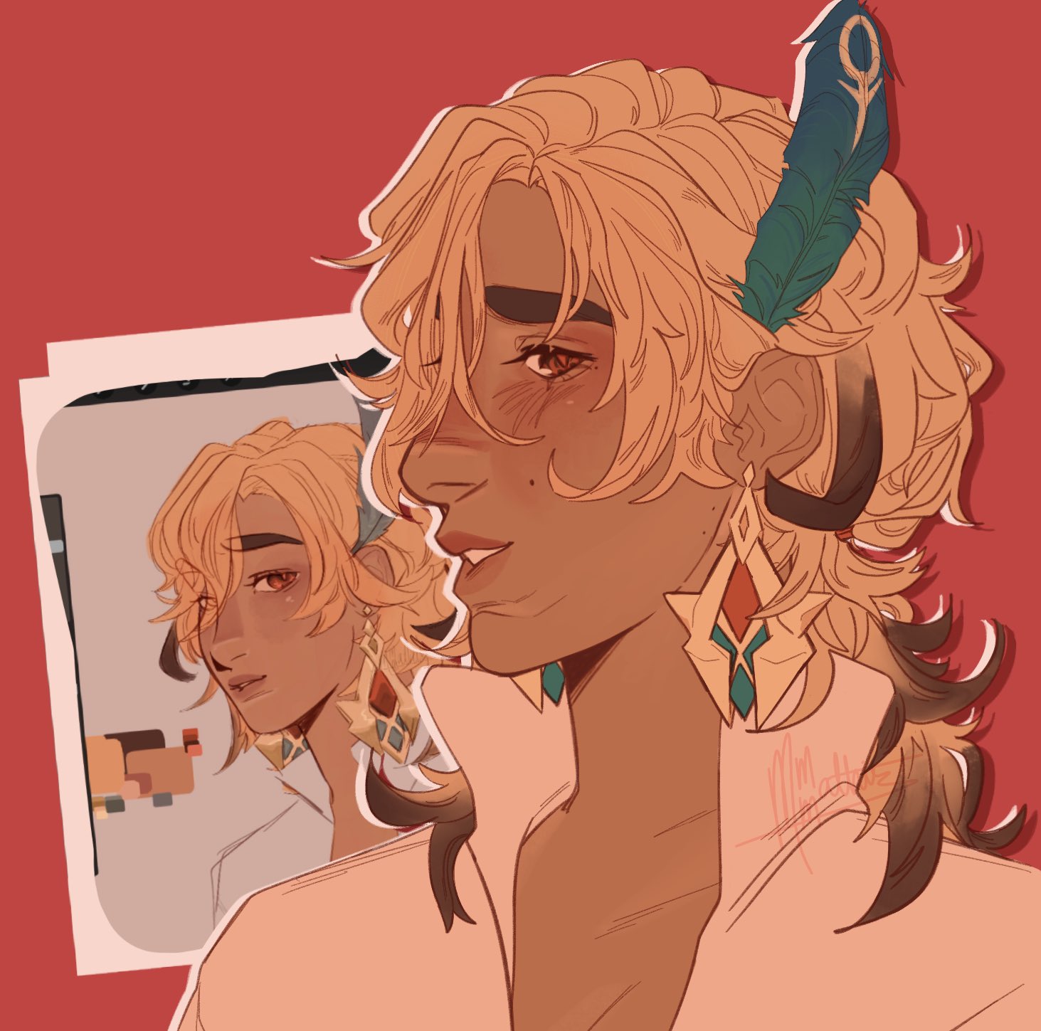 a colorful digital illustration of a handsome young man with long blonde hair, holding a framed picture of himself in his left hand. he's smiling, and his eyes are filled with warmth and kindness. his hair is adorned with a large, decorative feather, and he is wearing large, gold earrings. he is wearing a white shirt, and his skin is a warm brown tone. he has a soft, whimsical look about him.