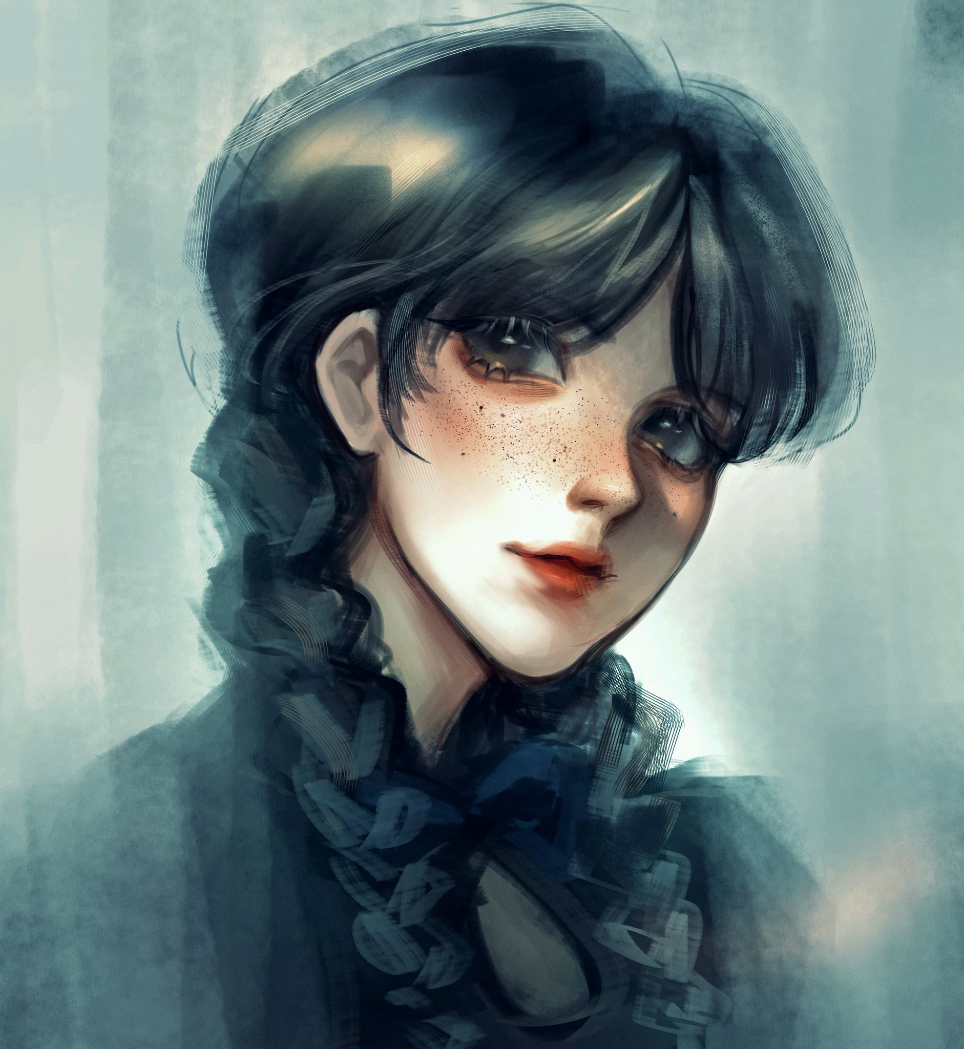 the image is a digital painting portraying a young woman with dark hair styled in a side braid. she has fair skin with noticeable freckles and is wearing dark, seemingly vintagestyle clothing with a detailed collar or neckpiece. the painting style is semirealistic, combining painterly brushstrokes with a degree of realism in facial features. the overall mood is atmospheric and somewhat mysterious, with a soft focus and predominantly cool blue and grey tones creating a dreamy or melancholic feeling. the composition is a closeup portrait, emphasizing the woman's face and expression. the background is blurred and indistinct, further drawing attention to the subject.