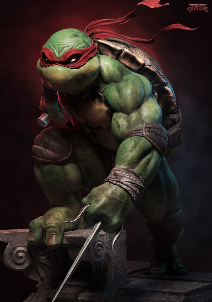 this is a photo of a teenage mutant ninja turtle action figure. it appears to be raphael based on the red mask and bandanas. the figure has been expertly sculpted and painted with great detail, and it shows him in a dynamic fighting pose with his katanas drawn and his hand on a ledge. the background is a dark, moody setting, which enhances the figure's imposing presence.  the image captures the spirit of the tmnt and their iconic status in popular culture.